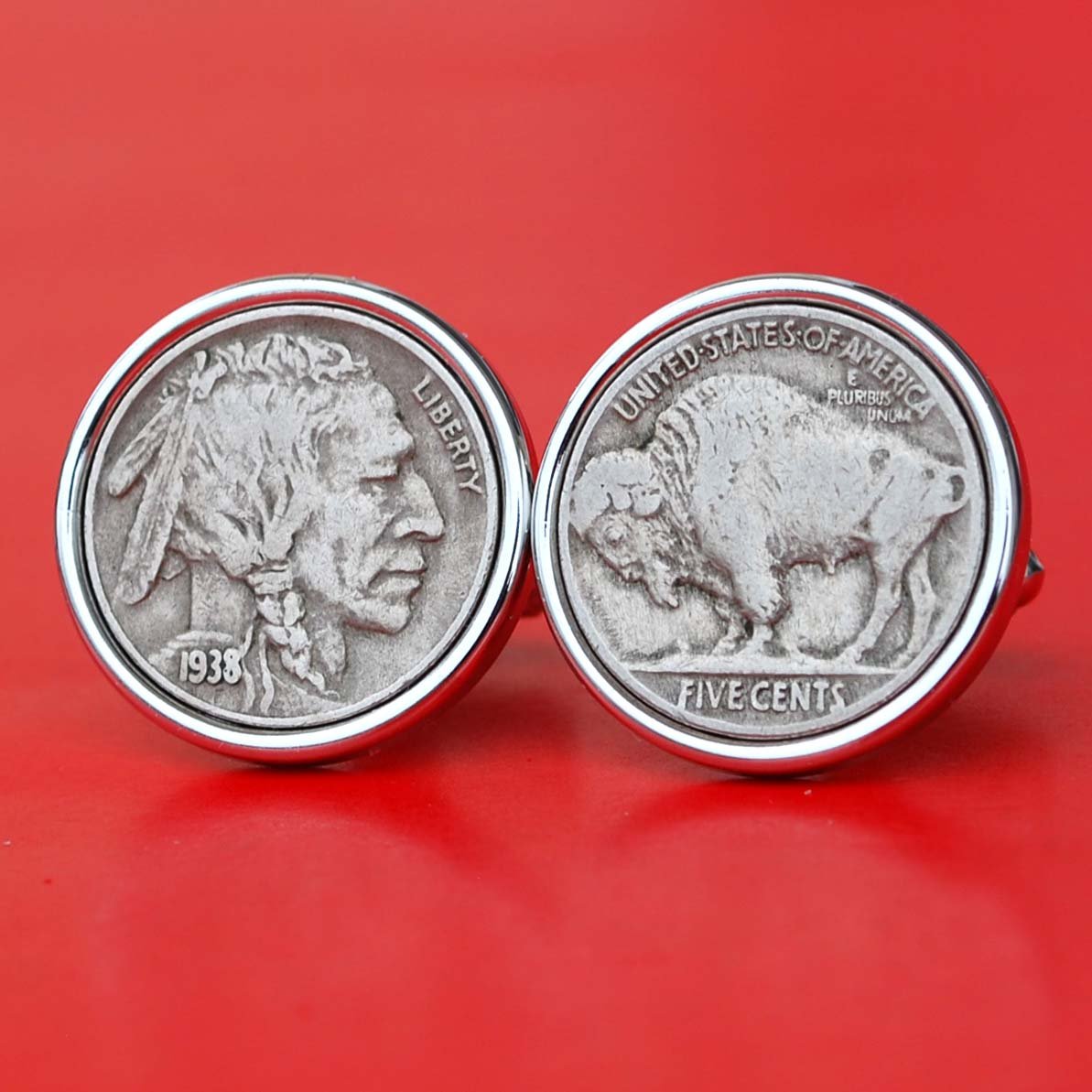 US 1938 Indian Head Buffalo Nickel Coin Silver Plated Cufflinks NEW