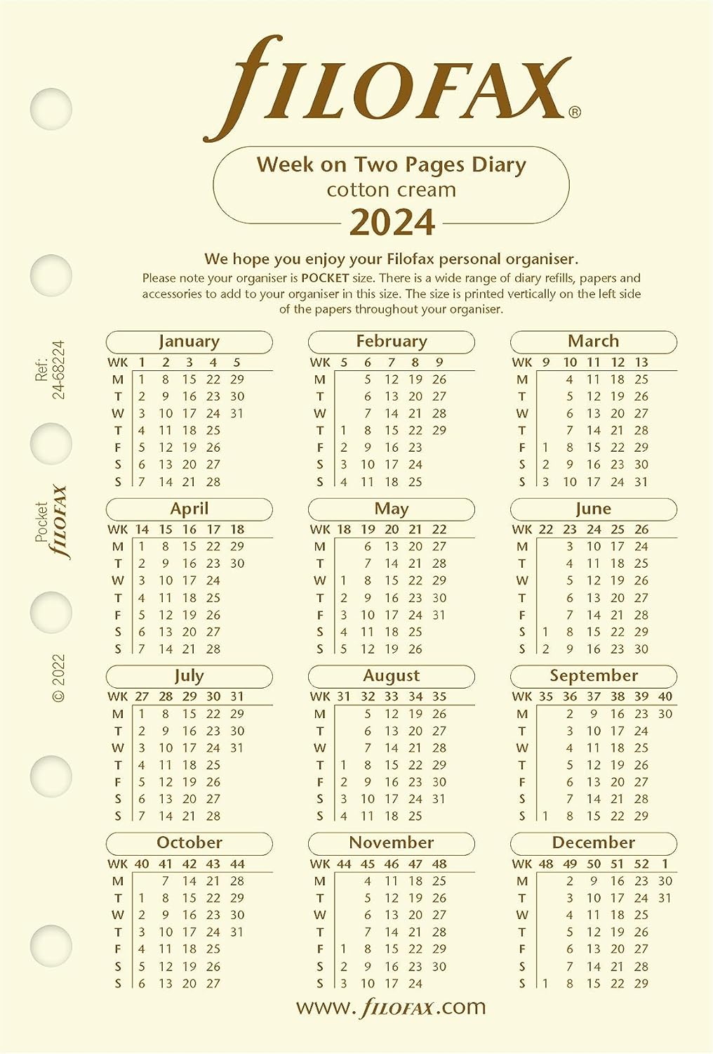 Filofax Recambio de diario de calendario, tamaño de bolsillo, semana a vista, papel crema de algodón, sin rayas, inglés, 2024 (C68224-24)