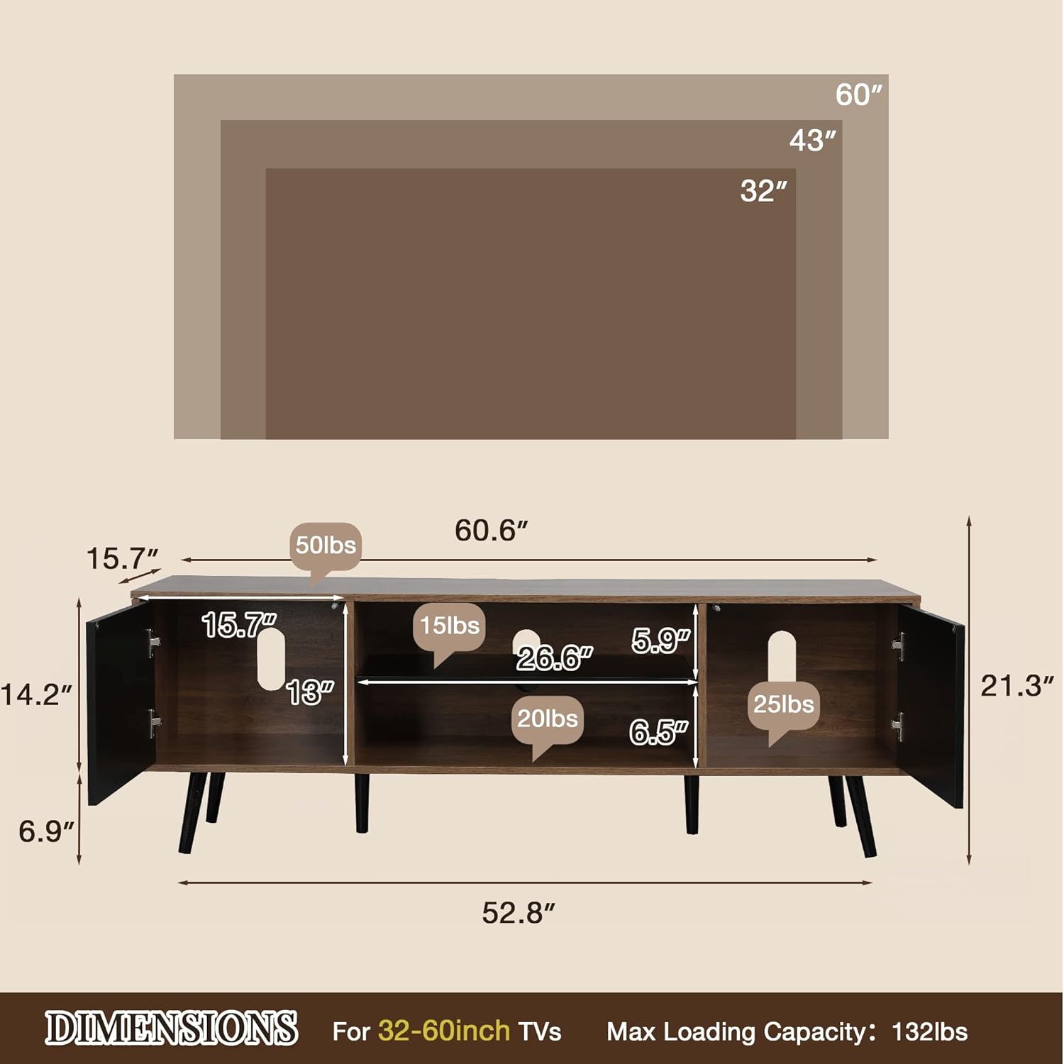 AVAWING Soporte de TV de granja de hasta 60 pulgadas, moderno mueble de TV con centro de entretenimiento de mediados de siglo con almacenamiento y