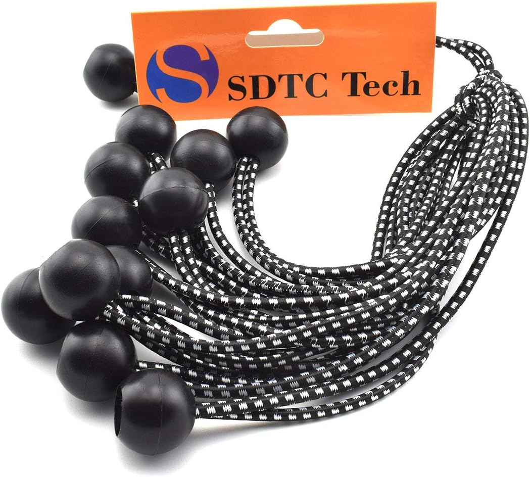 Cuerda elástica con bola, SDTC Tech de 10 pulgadas, paquete de 12 correas elásticas de amarre para tiendas de campaña, lonas, etc. – Negro