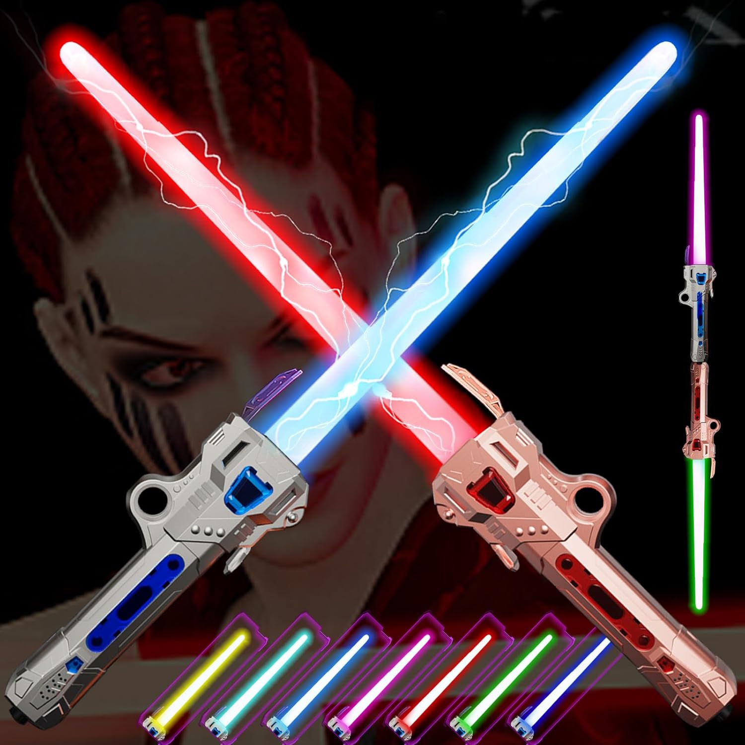 Tongker Paquete de 2 sables de luz para niños, 7 colores RGB con 3 modos de sonido FX, juguete de sable de luz expandible 2 en 1 para Galaxy War