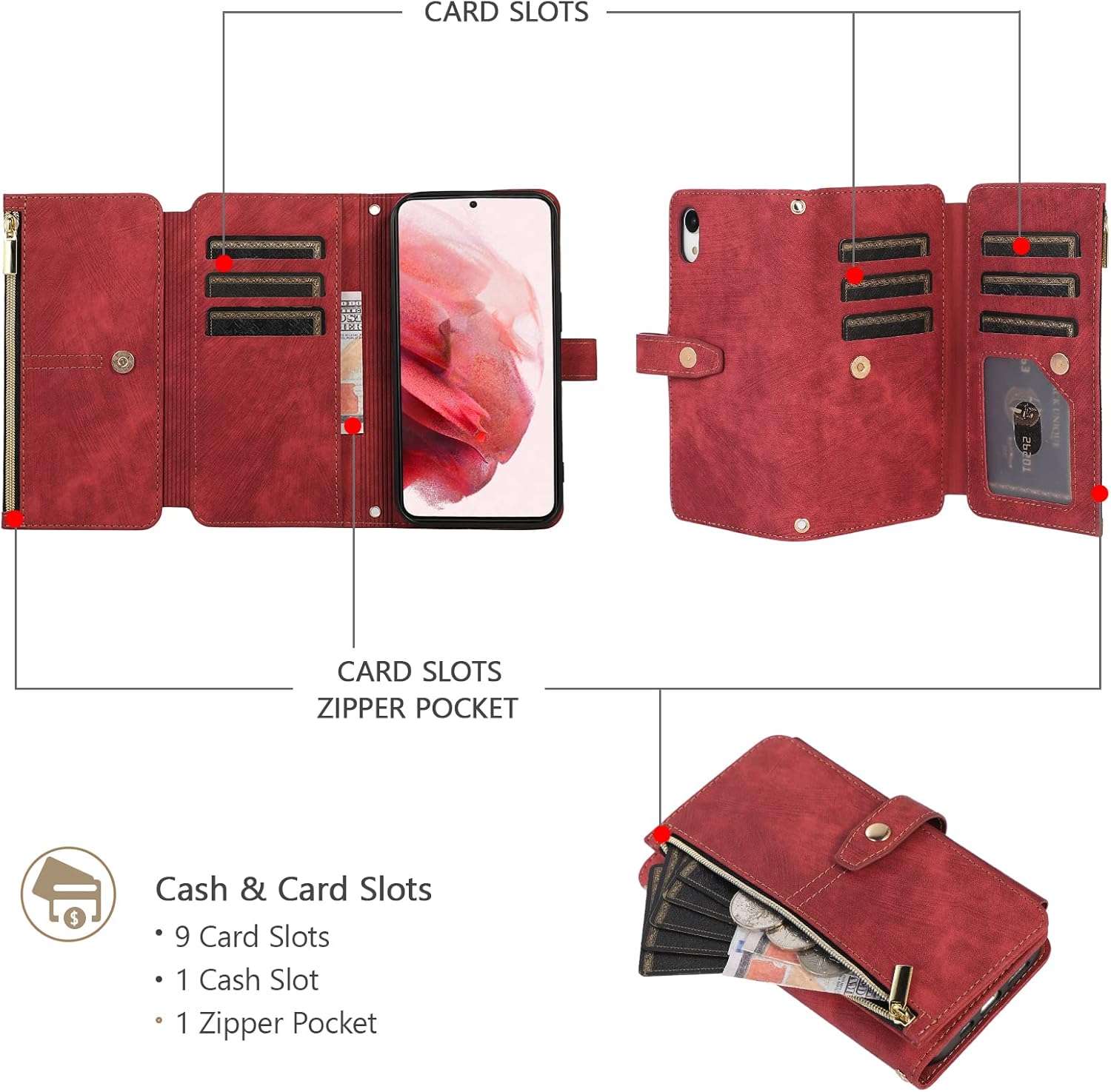 UEEBAI Funda para iPhone XR, 9 ranuras para tarjetas, cartera de cuero retro, a prueba de golpes, con correa de mano, ranuras para tarjetas,