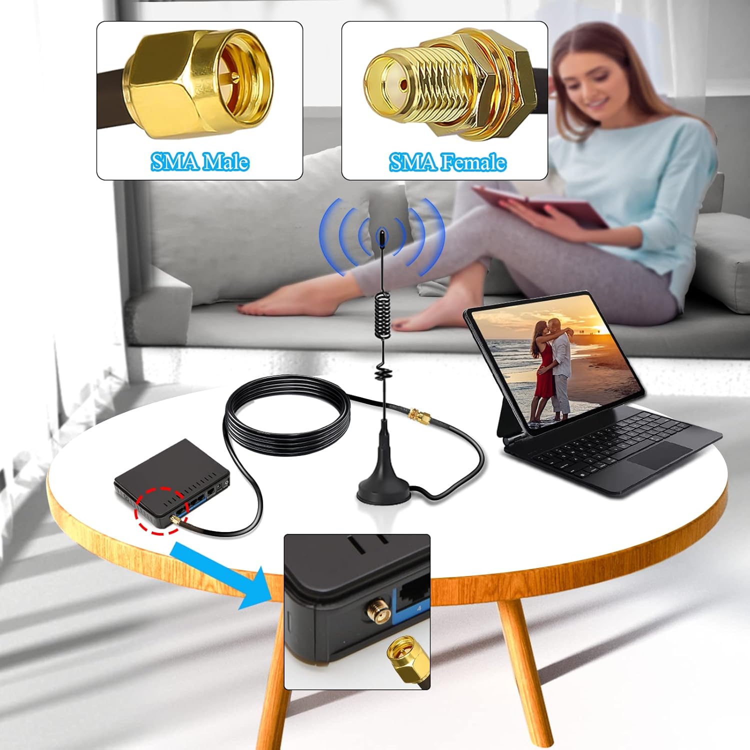 RG174 SMA Cable de extensión de antena SMA, cable coaxial SMA macho a hembra de baja pérdida de 9.8 pies (9.8 ft) + 3 conectores adaptadores