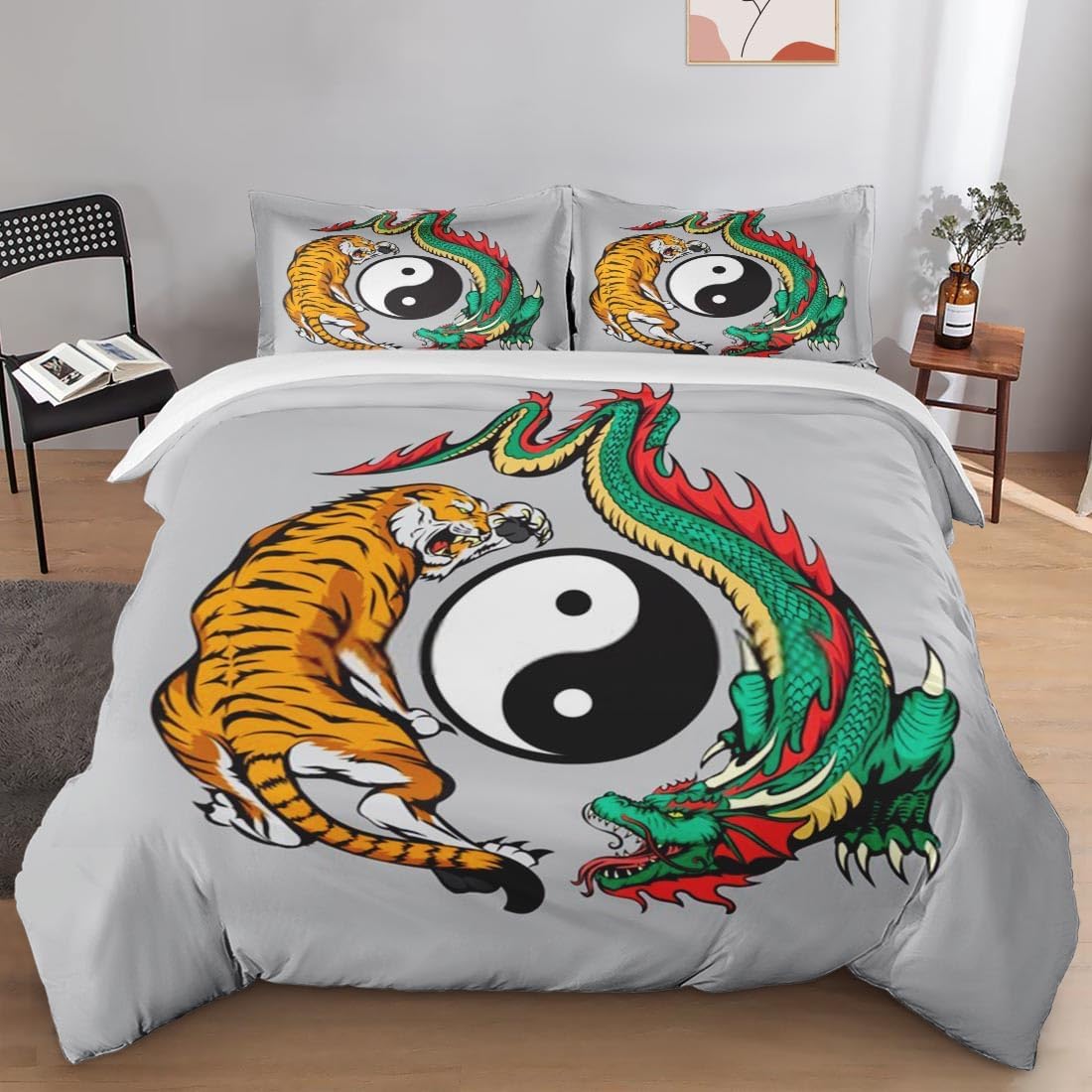 Juego de funda de edredón, juego de ropa de cama china japonesa de tigre dragón para niños y adultos, decoración de dormitorio de animales