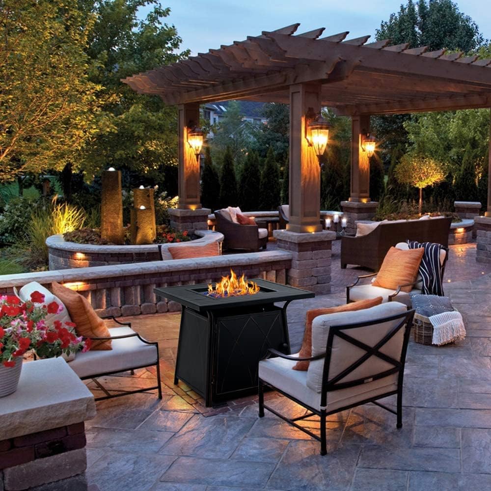 PHI VILLA Mesa para fogata de gas de 28 pulgadas, 50000 BTU cuadrada para exteriores con tapa y vidrio azul para patio, patio trasero y jardín,