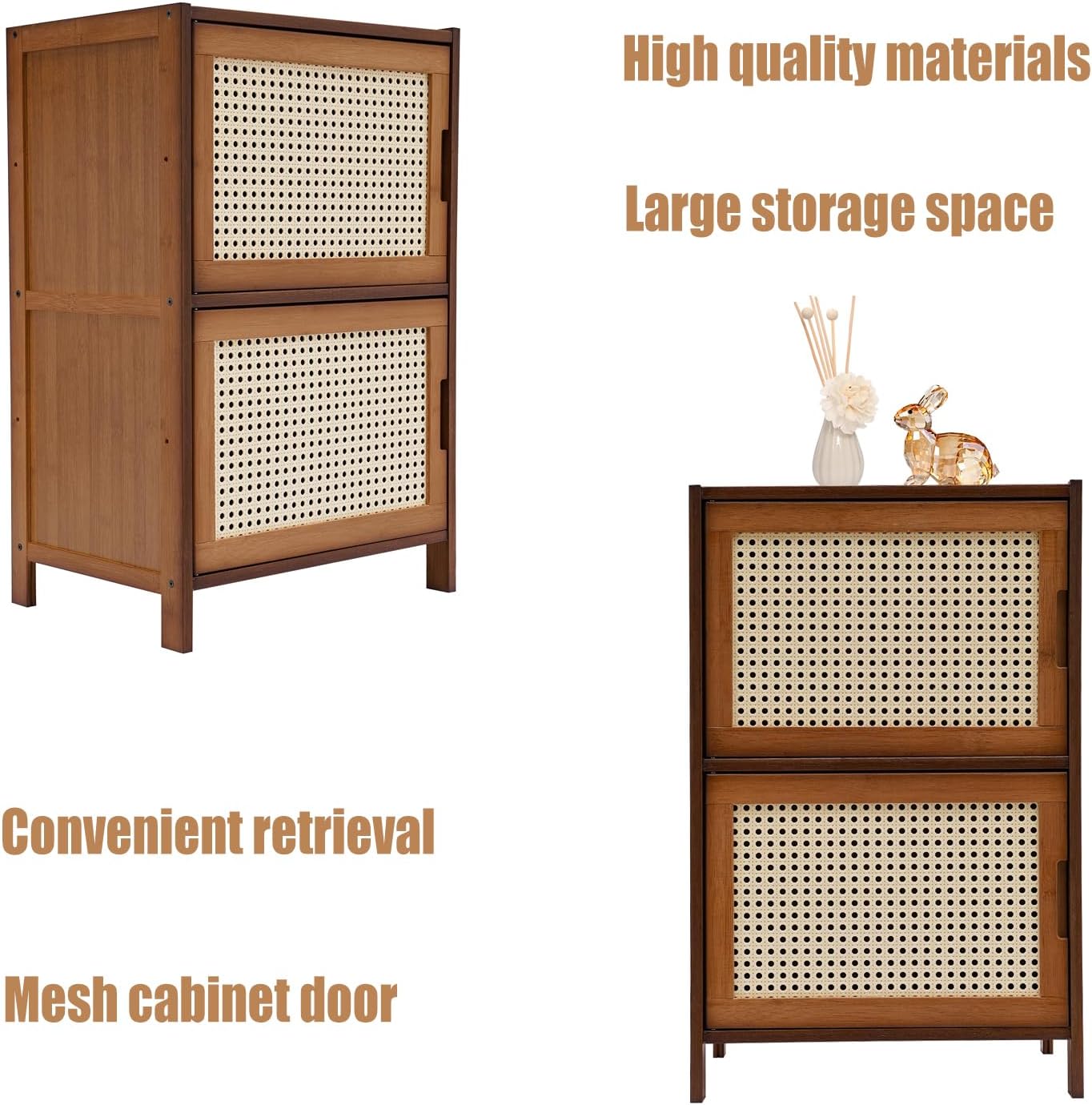 Mesita de noche con 2 cajones decorativos tipo ratán, moderna mesita de noche con pies de bambú natural macizo, mesa auxiliar de cama para