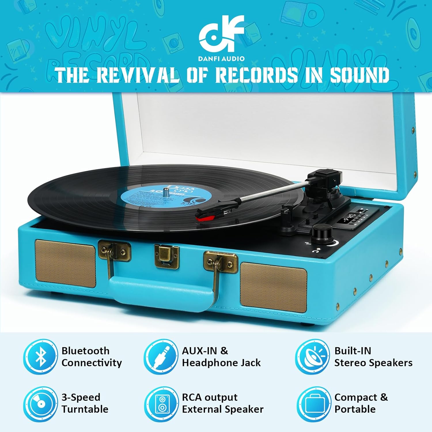 Tocadiscos portátil de maleta con Bluetooth vintage con altavoces integrados, tocadiscos de 3 velocidades con grabación de audio de vinilo USB,