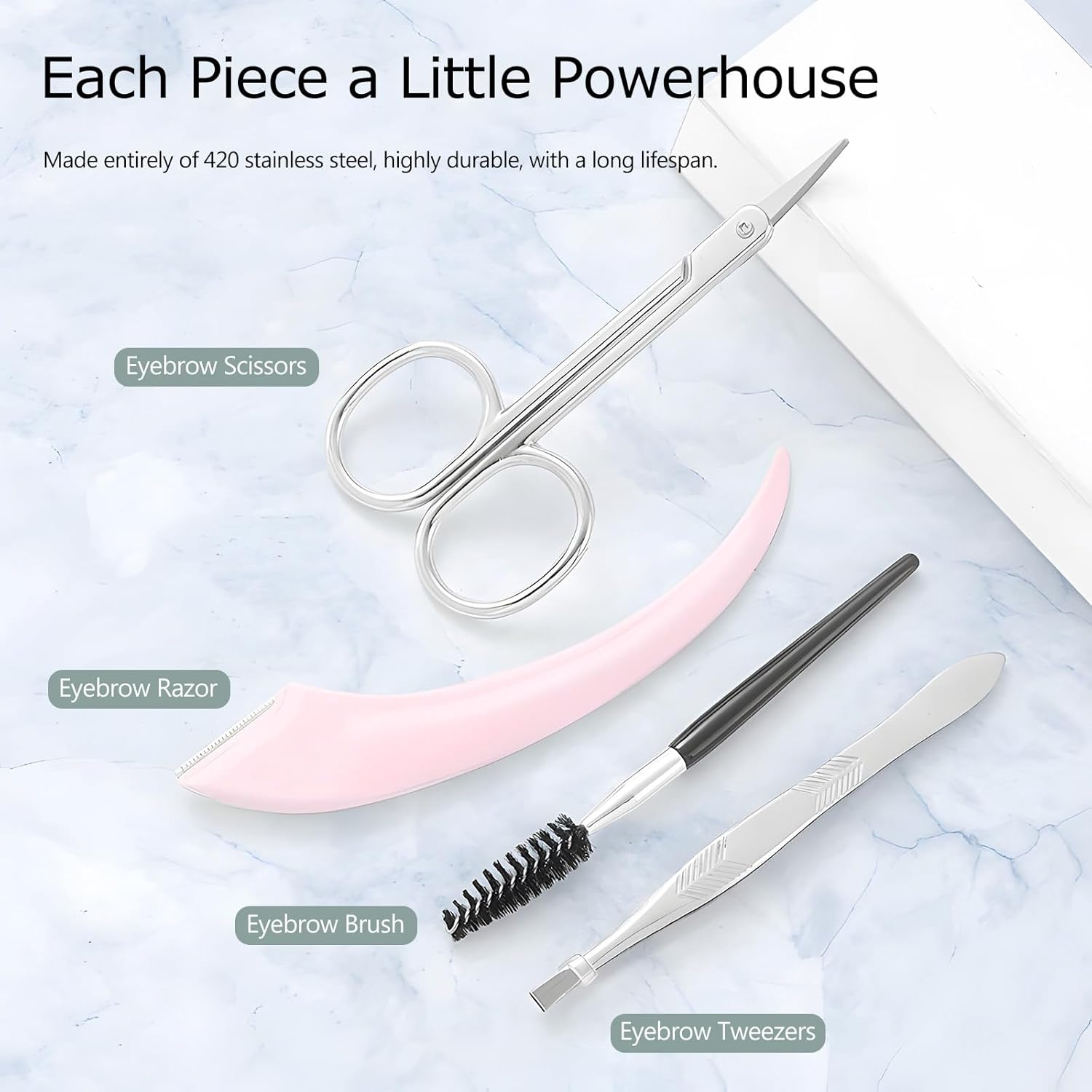 Kit de recortador de cejas, juego 5 en 1 con tijeras para cejas, maquinilla de afeitar, pinzas, cepillo y espejo para mujer, incluye bolsa de cuero