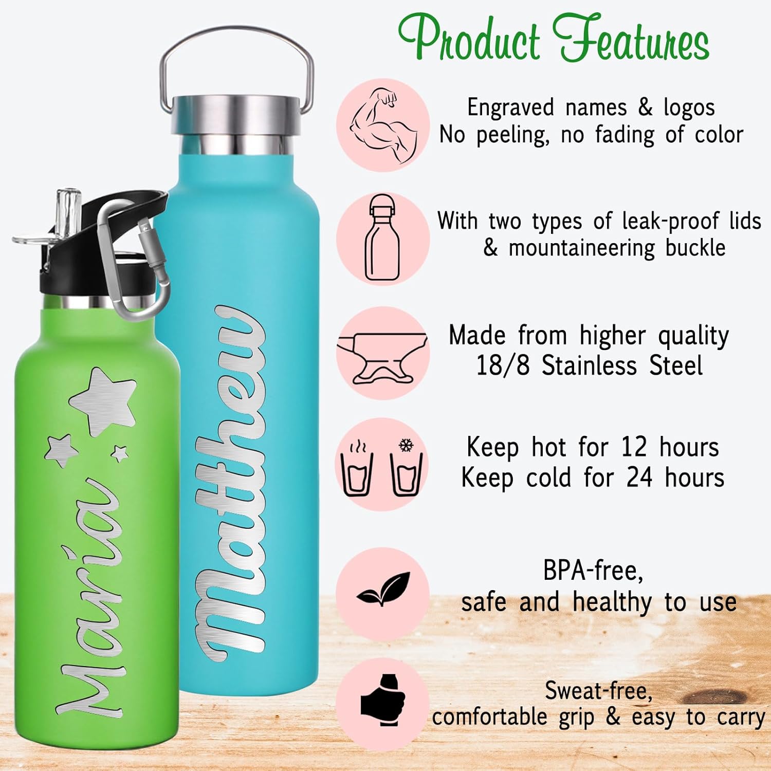 Botellas de agua personalizadas con tapa de popote de 1226 onzas con nombre grabado, logotipo, botella aislada personalizada, botellas de agua de