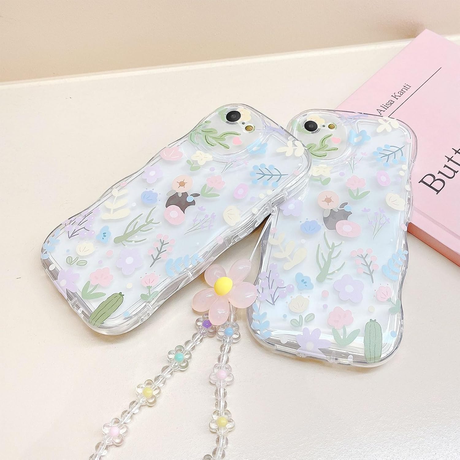 Compatible con iPhone 78SE, bonito estampado de flores coloridas con una bonita cadena de pulsera de flores, funda transparente de borde ondulado,