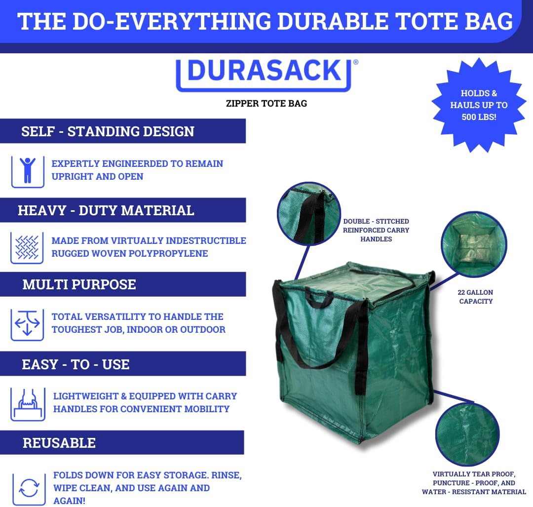 DURASACK Bolsa de almacenamiento resistente con cremallera superior de 22 galones, bolsa de mudanza de polipropileno tejido resistente, diseño