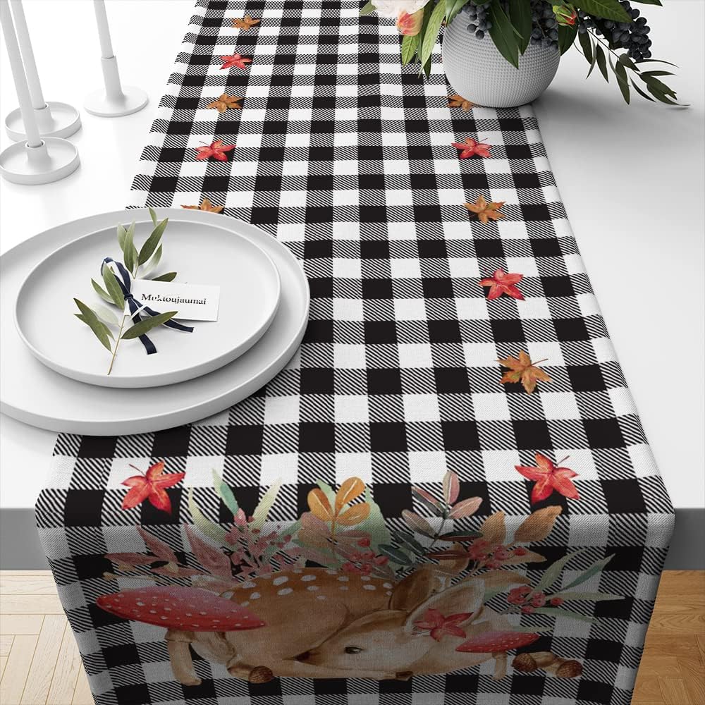 Camino de mesa de otoño con hongos de 72 pulgadas, decoración de camino de mesa de granja de ciervos otoñales para comedor, cocina, hogar, cuadros