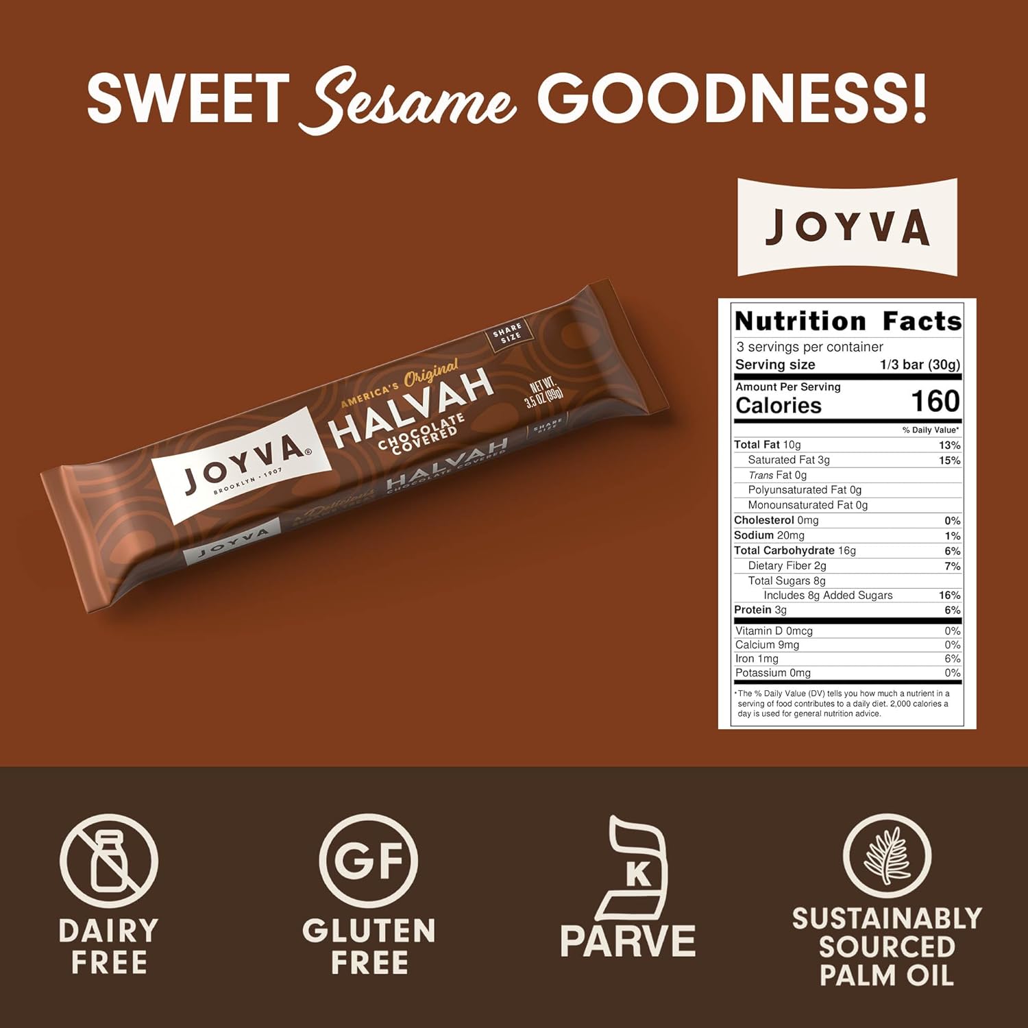 Joyva Halvah – Cubierta de chocolate, paquete de 20 unidades de 3.5 onzas, una deliciosa golosina de sésamo  Sin lácteos, sin gluten y Kosher Parve