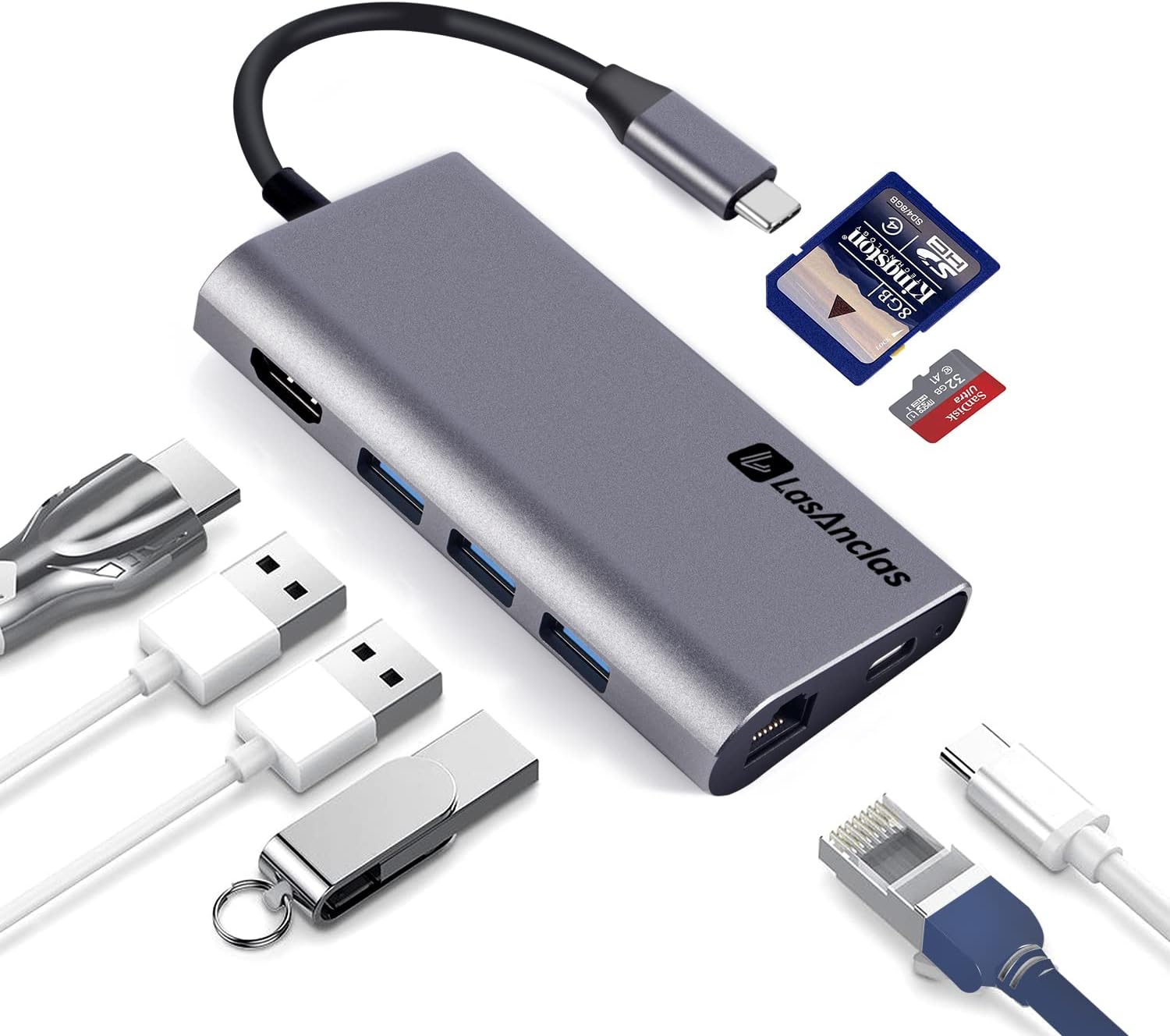 Adaptador multipuerto USB C Hub Ethernet, estación de acoplamiento USB C 8 en 1 4K HDMI, 100 W PD, 3 USB 3.0, 1 Gbps LAN USB C Dongle, lector SDTF