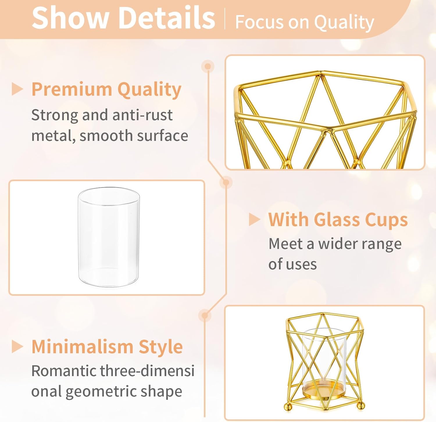 NUPTIO Portavelas geométricos dorados 6 piezas de mesa de té de boda con taza votiva de vidrio a granel moderno geométrico candelita portavelas para