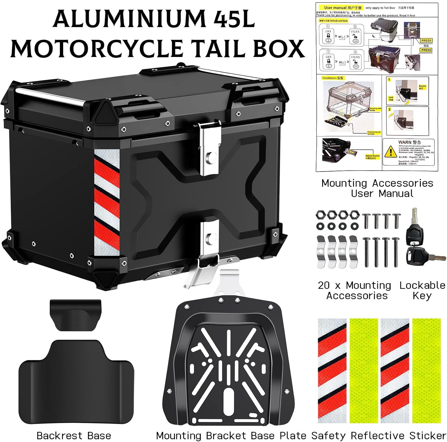 Maleta superior de motocicleta de 45 L, calidad premium Caja de aluminio resistente con cerradura de seguridad para guardar el equipaje del casco,