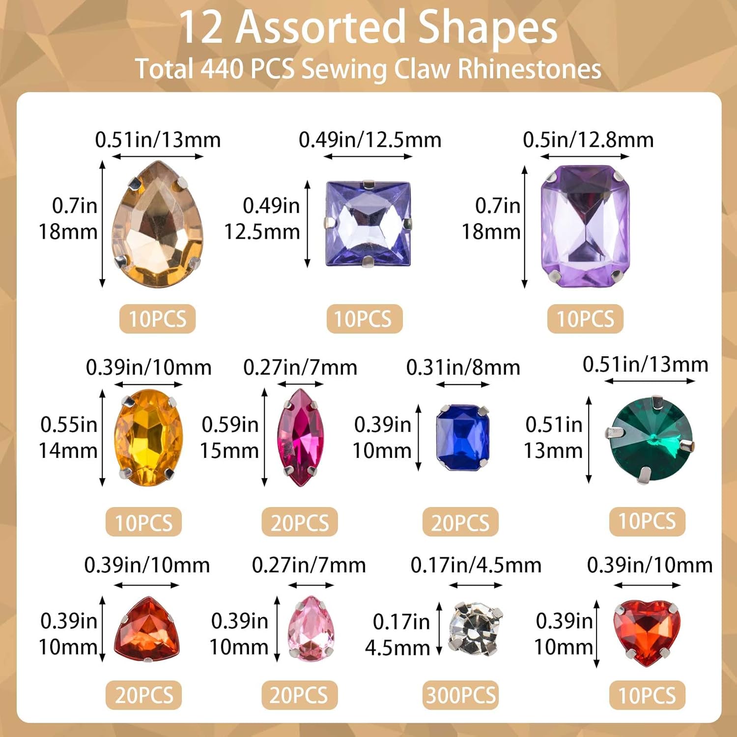 PAGOW 440 piezas de diamantes de imitación para coser, 11 formas mixtas de diamantes de imitación de cristal con parte trasera plana para coser con