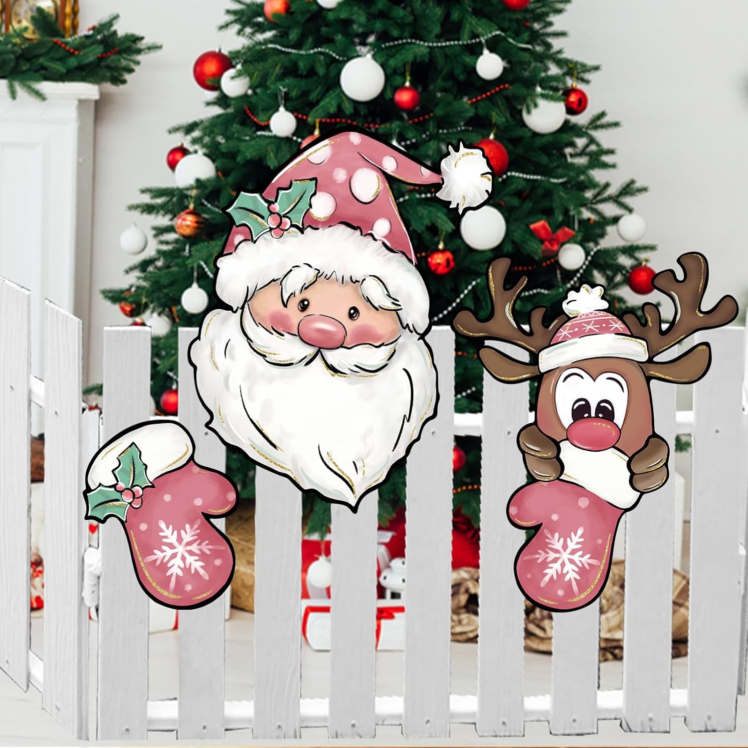 Letrero de jardín de Navidad rosa con diseño de Papá Noel para patio, guantes de Navidad, alce, reno, adorno para decoración de árbol de patio al