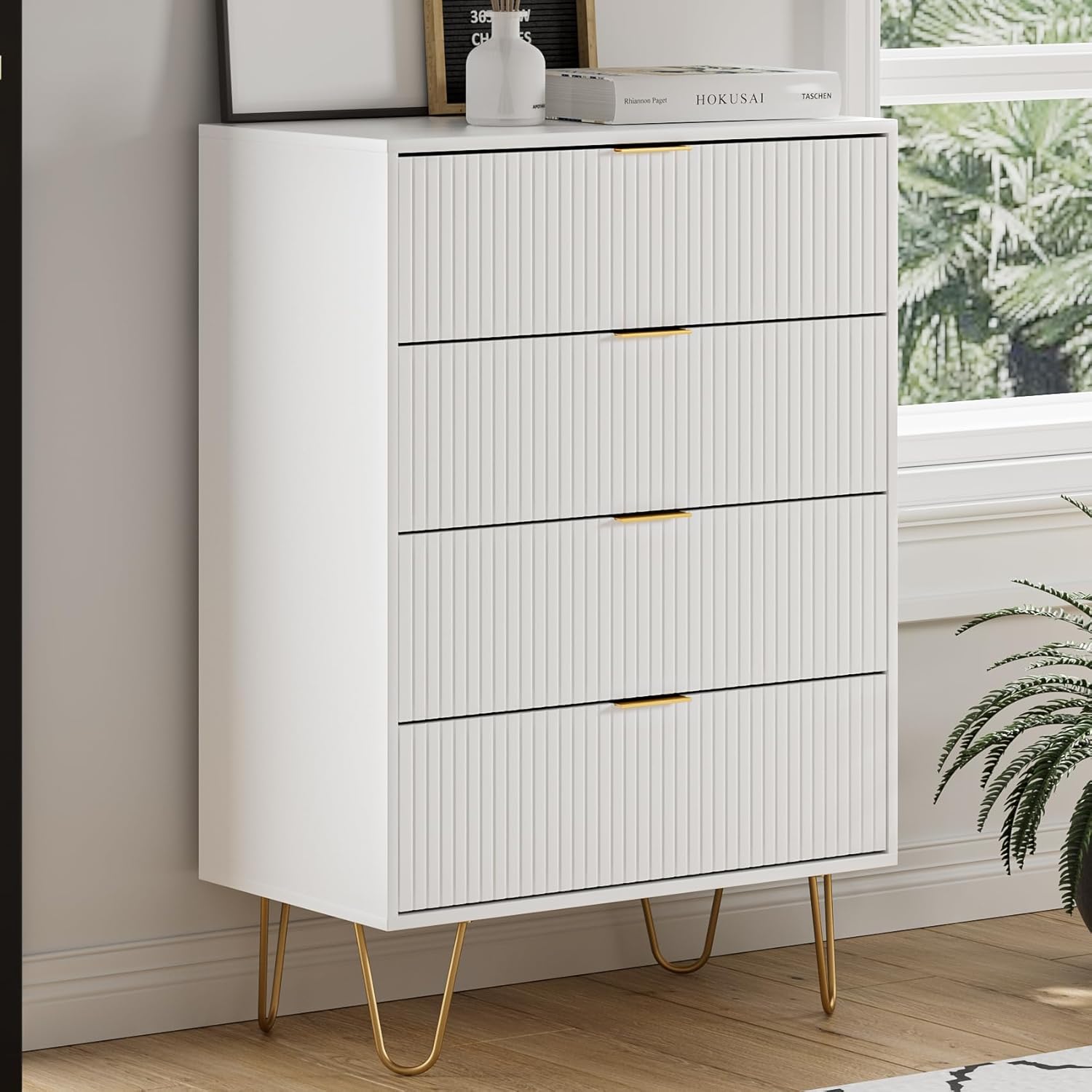 Aobafuir Cómoda de 4 cajones, cajón, armario de almacenamiento alto con patas de metal, cómoda pequeña para dormitorio, sala de estar, armario,