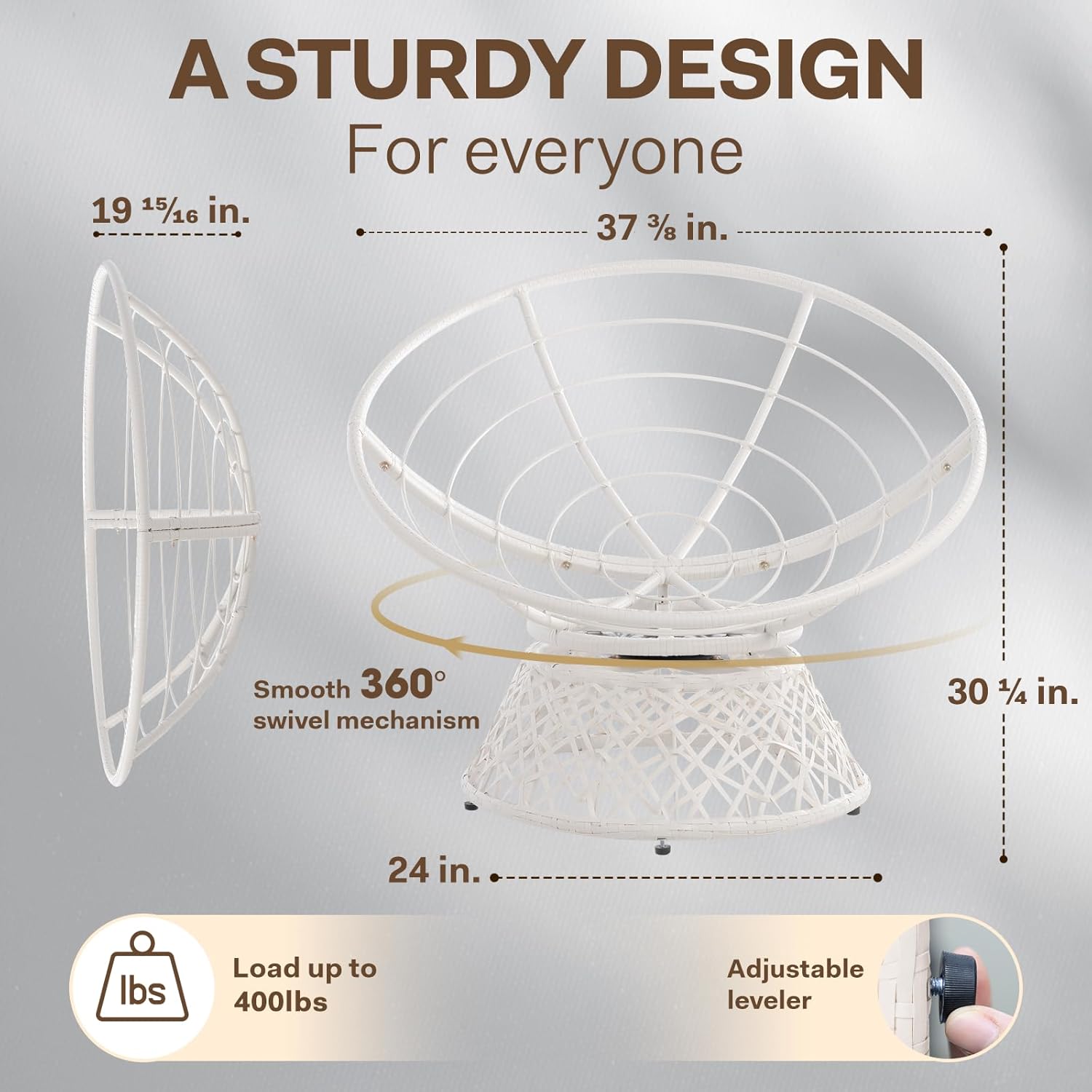 Bme Silla Papasan ergonómica de mimbre con cojín de tela de densidad gruesa suave, marco de acero de alta capacidad, giro de 360 grados para sala,