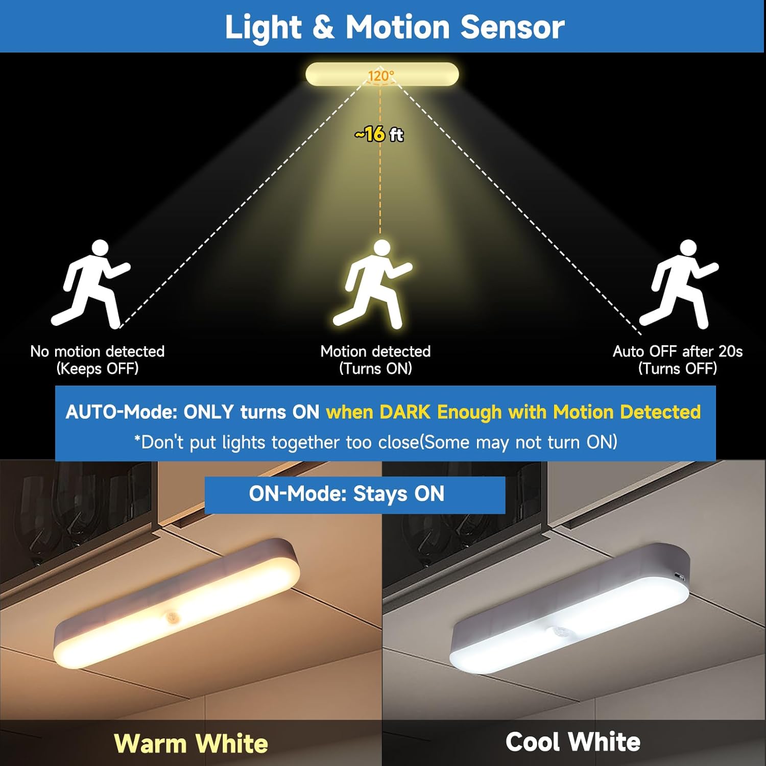 Okerich Luces LED recargables mejoradas con sensor de movimiento inalámbricas, luces de armario de larga duración con sensor de movimiento, luz con