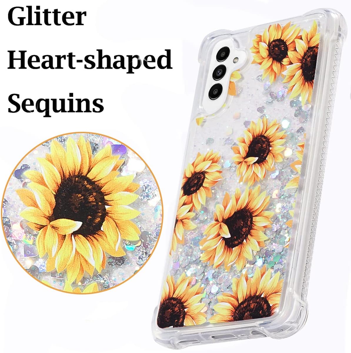FLOCUTE Funda para Galaxy A13, Galaxy A13 con purpurina floral, transparente, brillante, líquido, suave, cojín de TPU suave, a la moda, para mujer,
