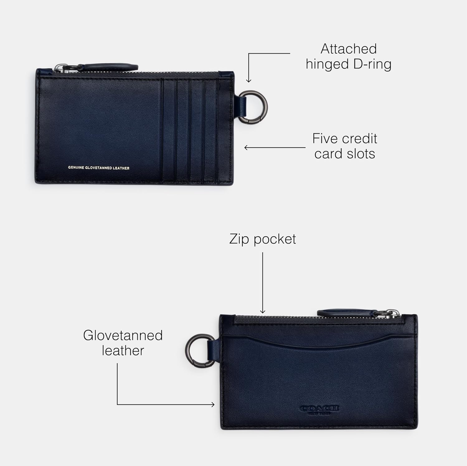 Coach Tarjetero con cremallera para hombre en piel bruñida, Azul profundo, Estuche para tarjetas con cremallera en piel bruñida