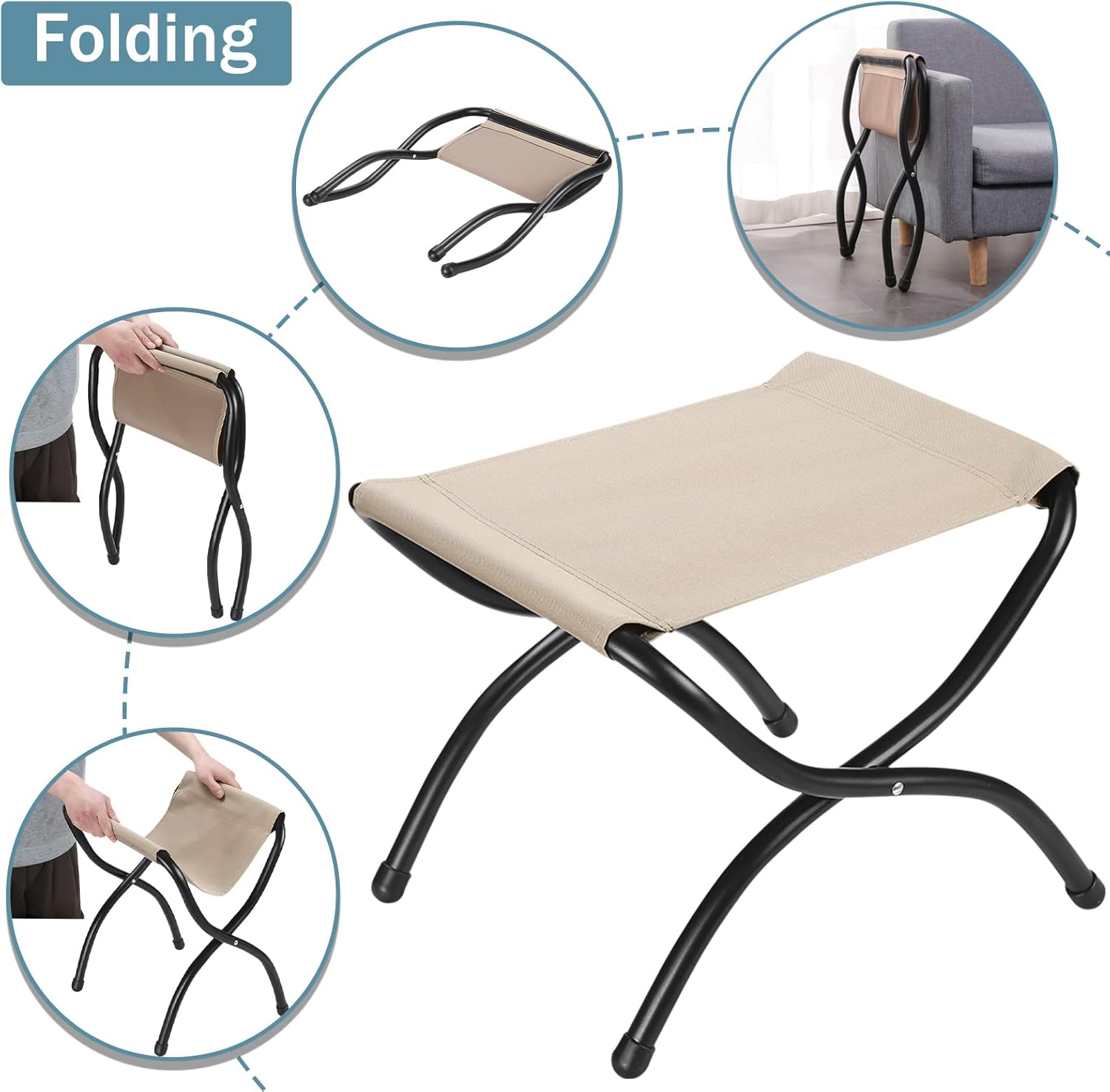 Taburete plegable de 15 pulgadas, reposapiés de acento pequeño, elegante otomana plegable con marco de metal, reposapiés plegable tapizado Morden