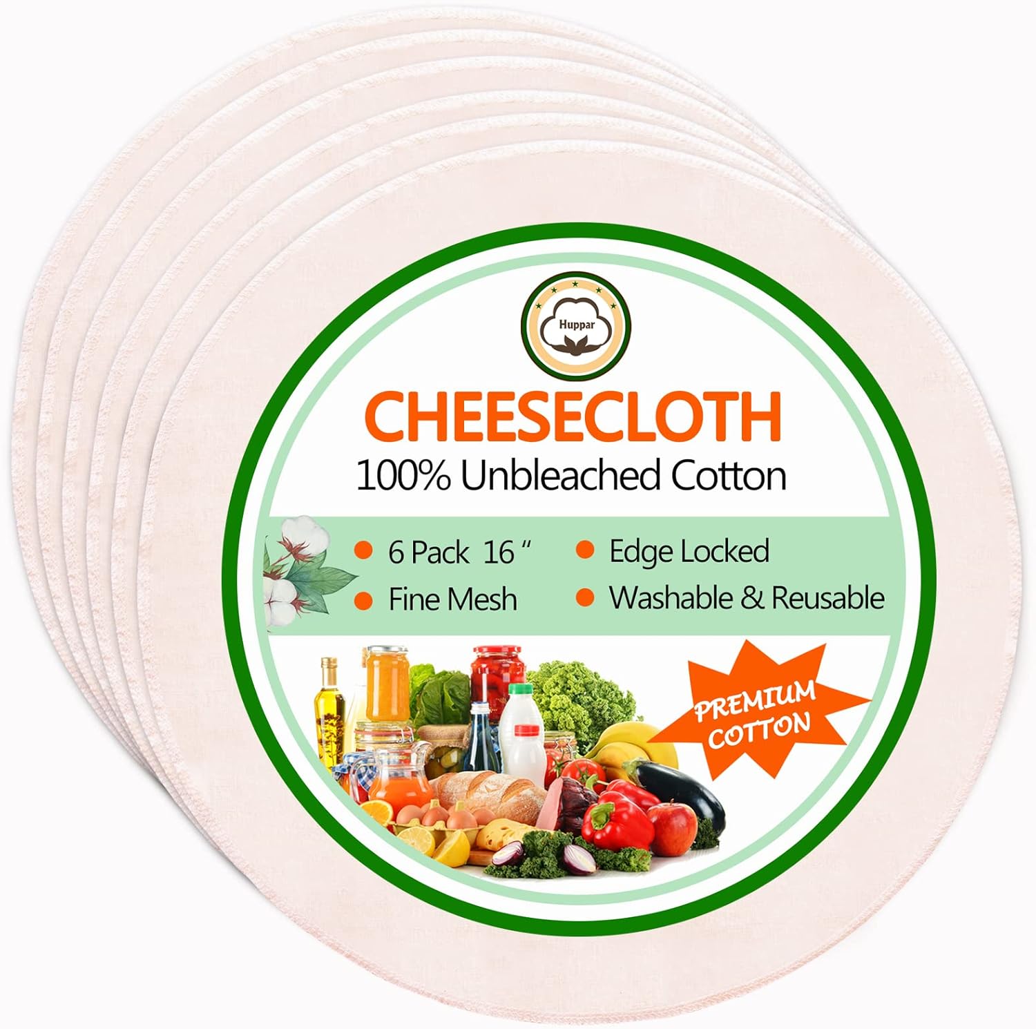 Paquete de 6 paños de queso circulares de 16 pulgadas para colar, reutilizables, grado 90 Plus, borde bloqueado, 100% algodón sin blanquear, colador