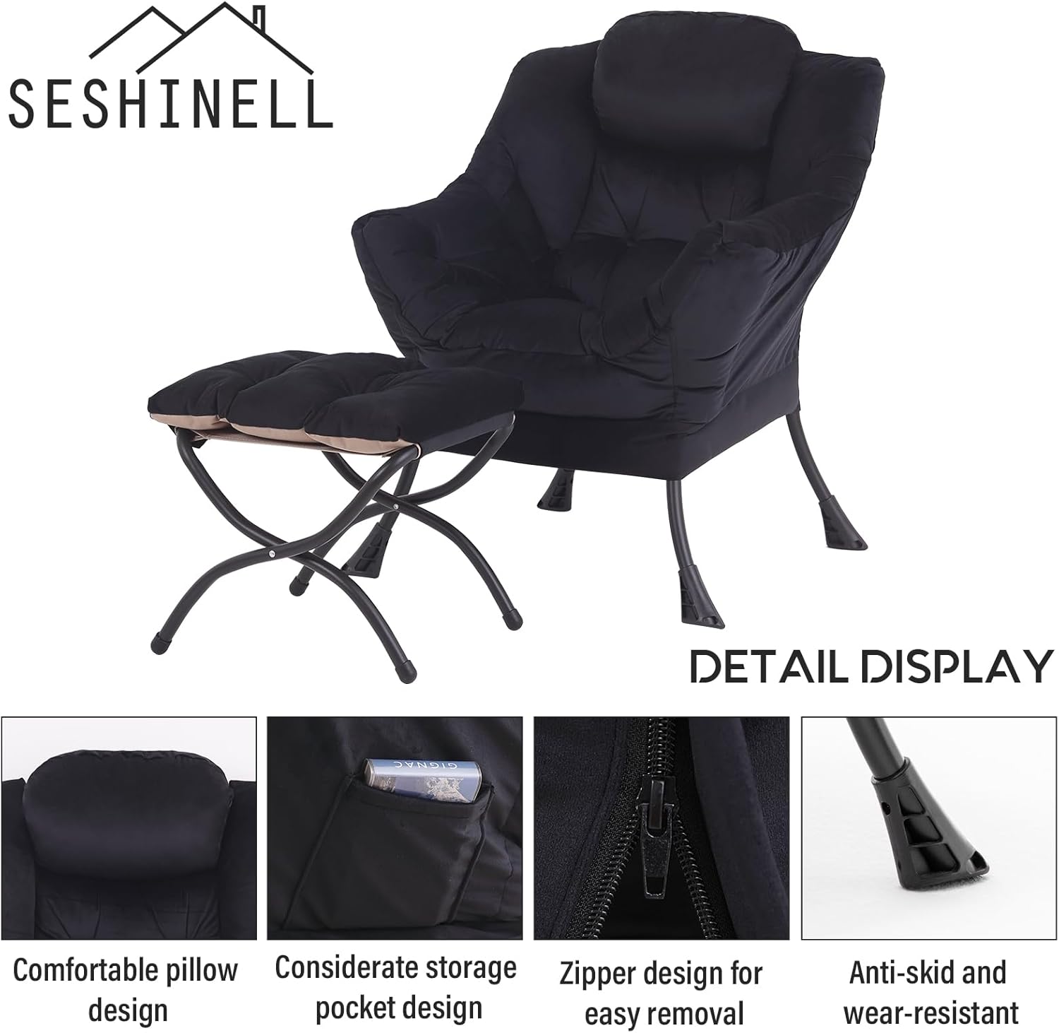 SESHINELL Silla perezosa con otomana, moderna silla de acento contemporánea, sofá de ocio con reposabrazos, silla de lectura y reposapiés plegable