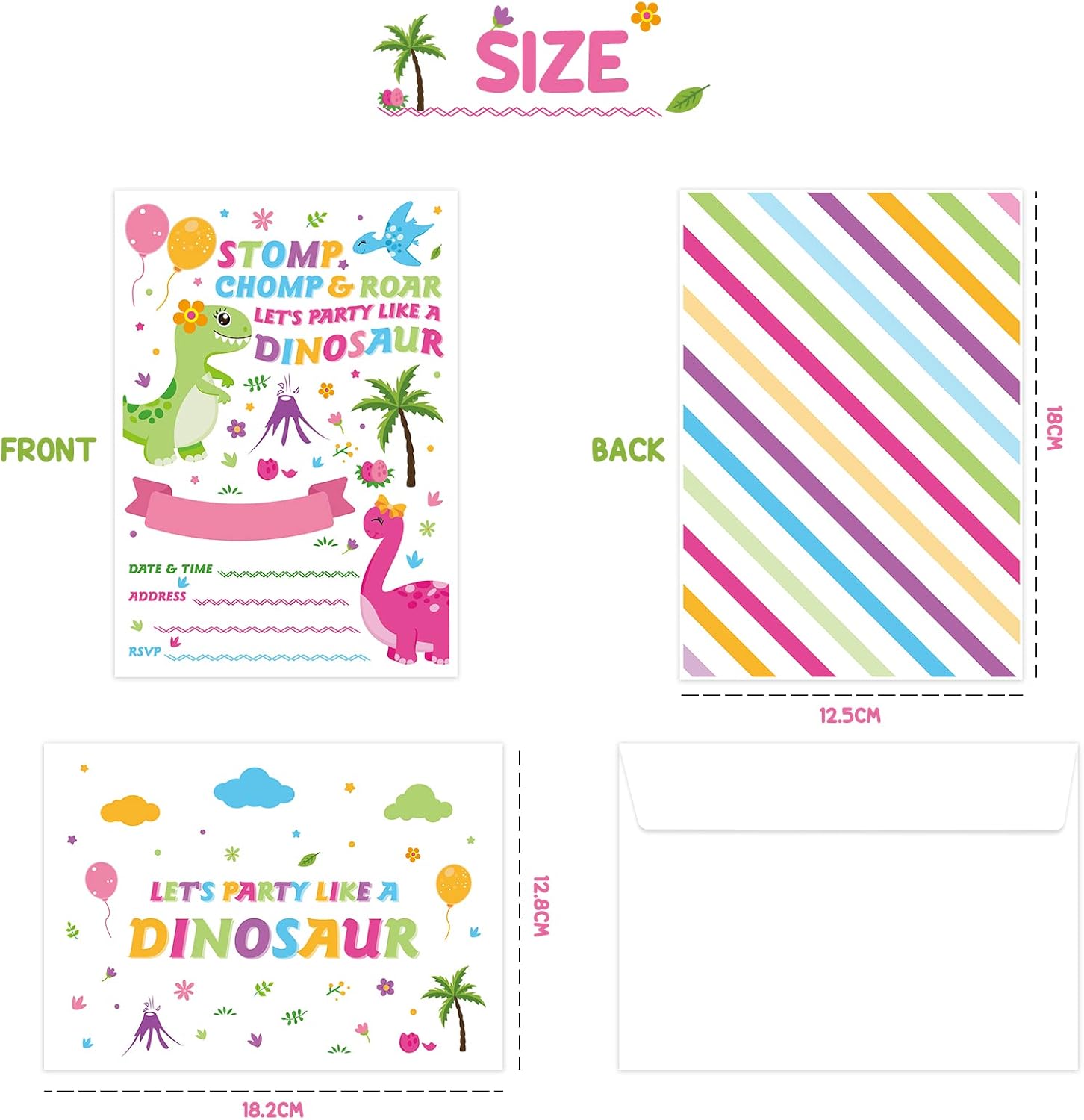 WERNNSAI Invitaciones de fiesta de dinosaurios con sobres, suministros de fiesta de dinosaurios para niñas, cumpleaños, baby shower, fiesta, juego