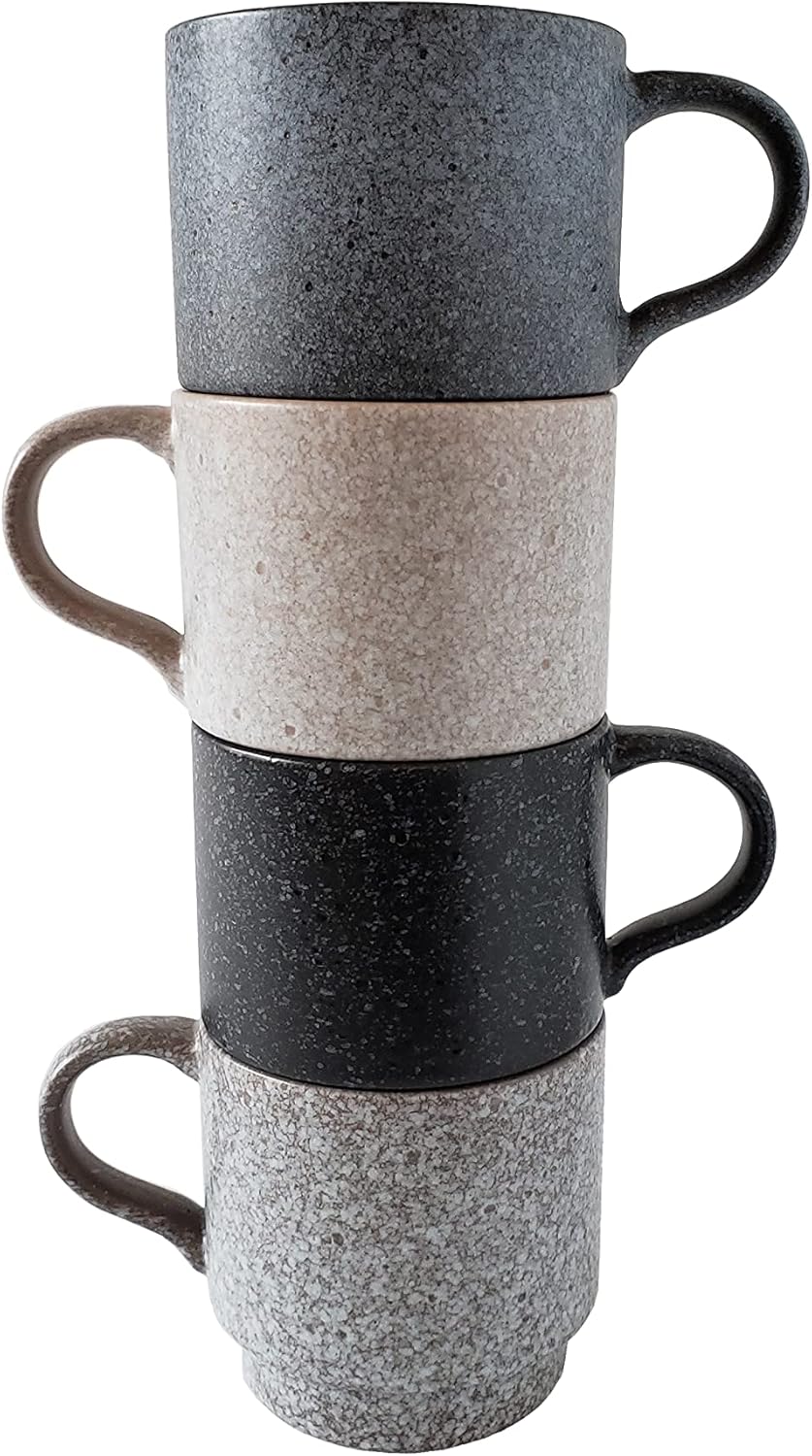 Tazas de café clásicas apilables de cerámica de 14 onzas, varios colores, juego de 4 tazas apilables duraderas que ahorran espacio con acabado