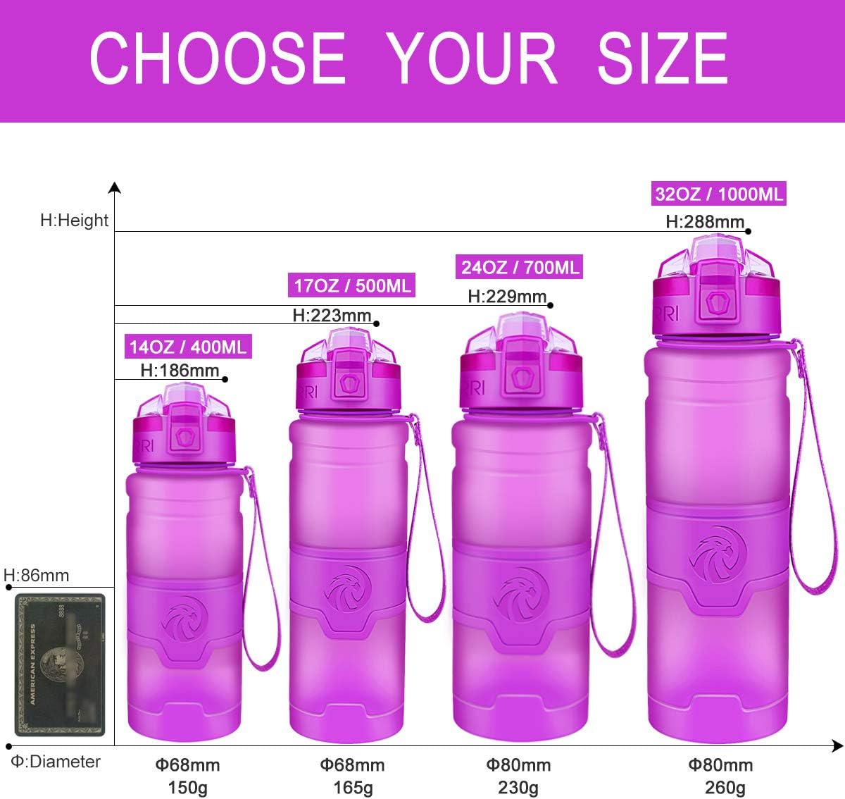 Botella de agua deportiva Zorri, 13.5, 17, 23.6 onzas, sin BPA, a prueba de fugas, ligera, para exteriores, campamento, ciclismo, fitness, gimnasio,