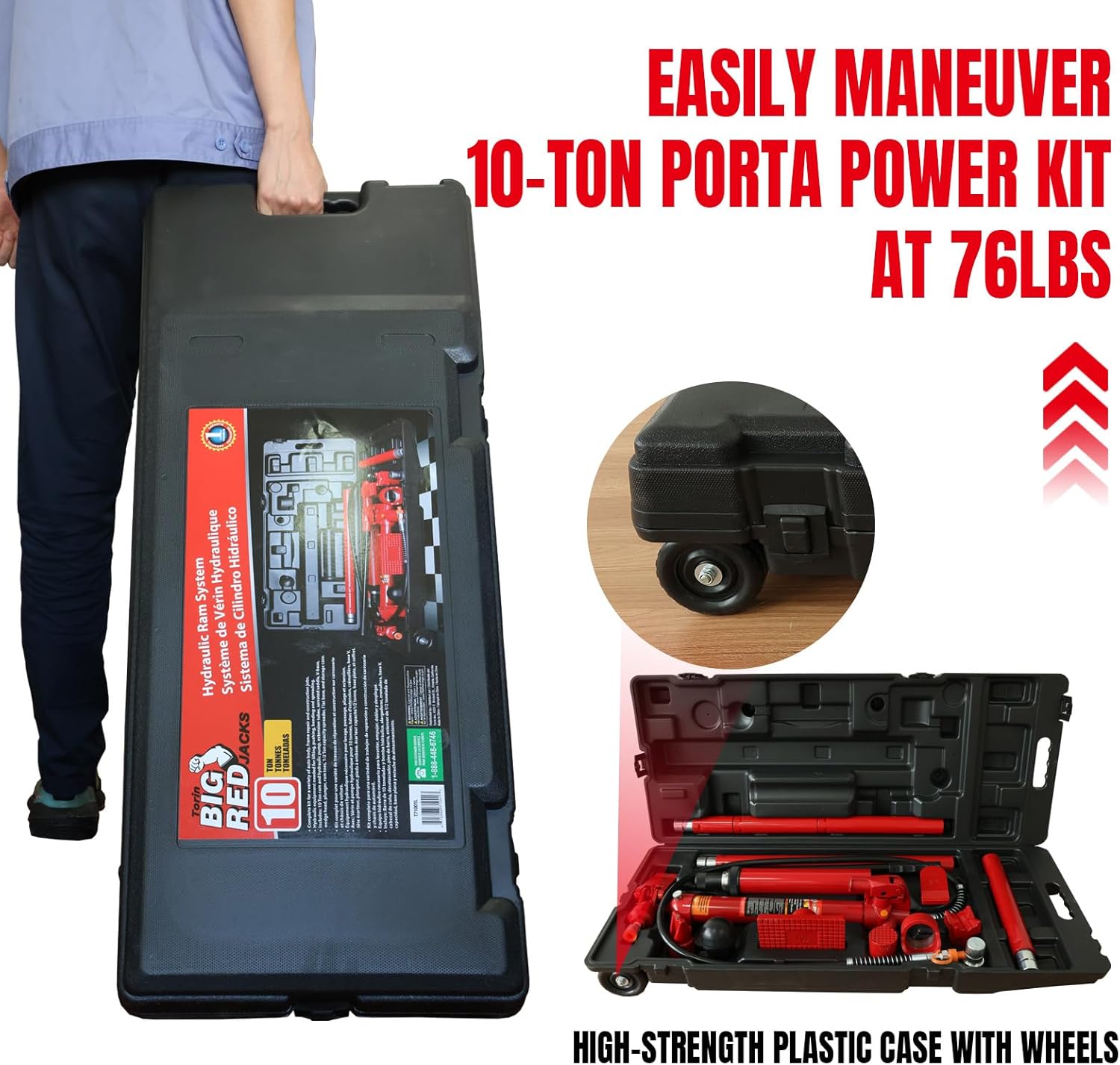 Torin – Cilindro hidráulico portátil de color rojo, kit de reparación estructural para automóvil con funda móvil, capacidad para 10 toneladas