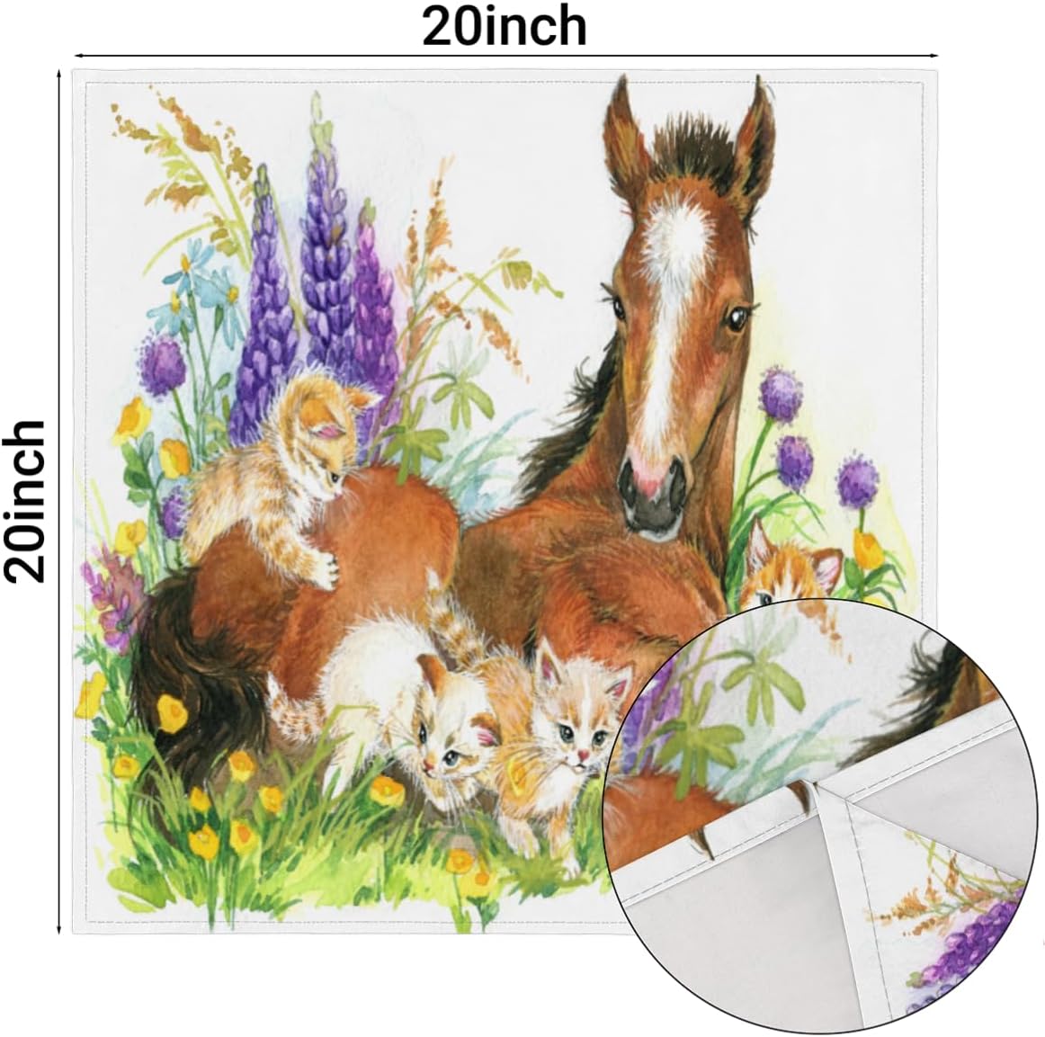 Cloth Napkins Set of 6 Floral Horse 20×20 Inch Cloth Napkins Horse and Kitten Washable Reusable Kitchen Dinner Napkins Table Decor for Wedding,