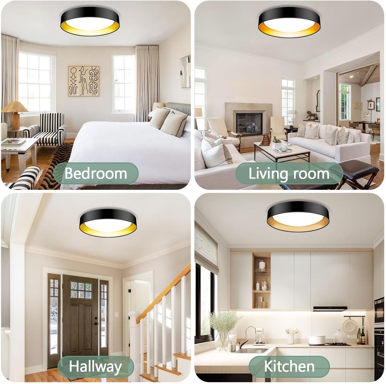 Lámpara de techo LED de montaje empotrado, 12.5 pulgadas, 30 W, equivalente a 375 W, color negro con luz de techo interior dorada regulable – 3CCT