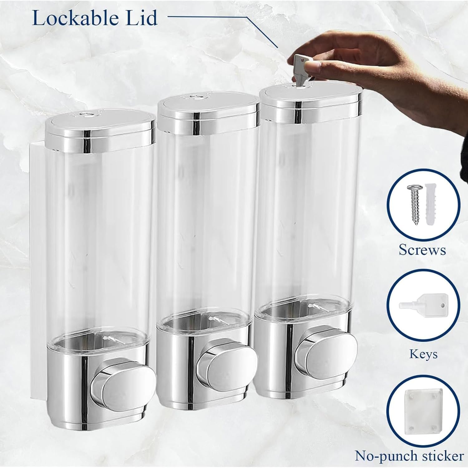 Nidouillet Dispensador de champú y acondicionador de pared, dispensador de jabón de ducha de 3 cámaras, dispensador adhesivo montado en la pared,