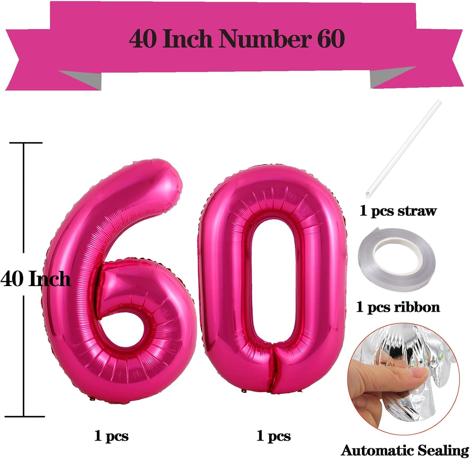 Globos gigantes de color rosa intenso con el número 60, 40 pulgadas Jumbo número 60, globos grandes de aluminio de Mylar para niñas y mujeres,