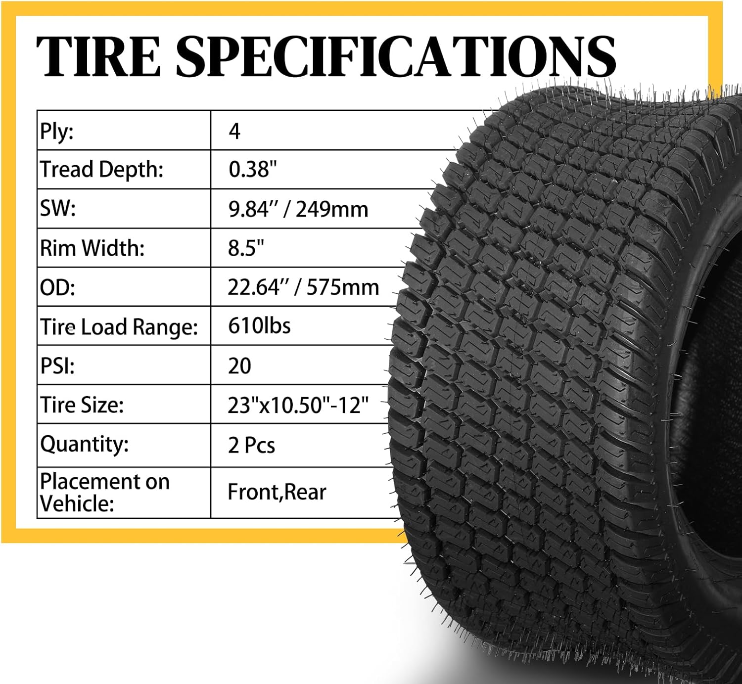 Juego de 2 neumáticos para cortacésped de 23 x 10.50-12 para tractor de jardín, carrito de golf, neumático de 23 x 10.50 x 12 4PR sin cámara