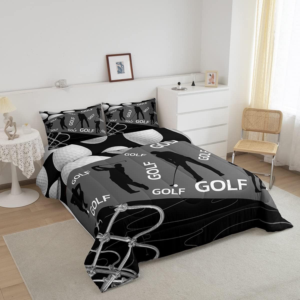 Erosebridal Juego de ropa de cama de golf para niños, juego de edredón deportivo para niños, color gris y negro, ropa de cama de jugador de golf