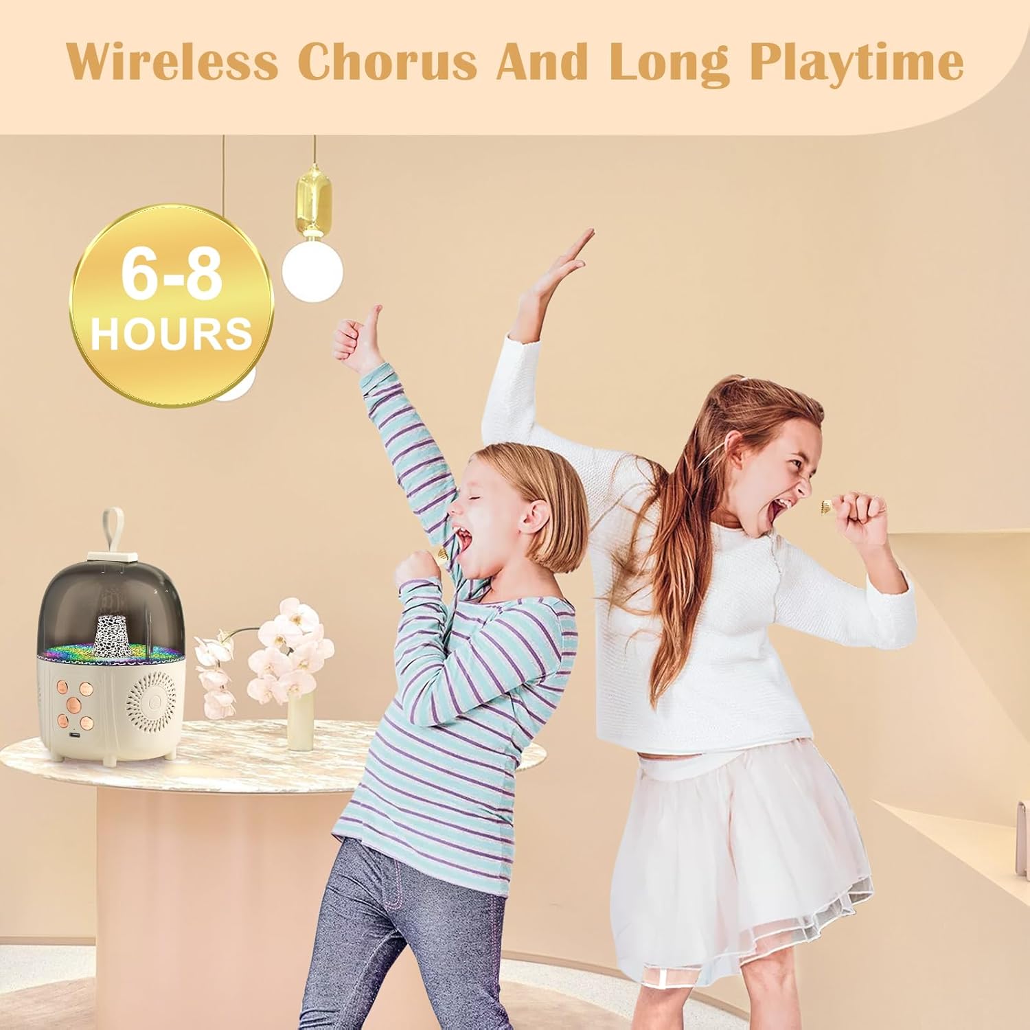Máquina portátil de karaoke Bluetooth y 2 micrófonos inalámbricos para niñas y niños con coro inalámbrico, luz ambiental, sonido estéreo 3D para