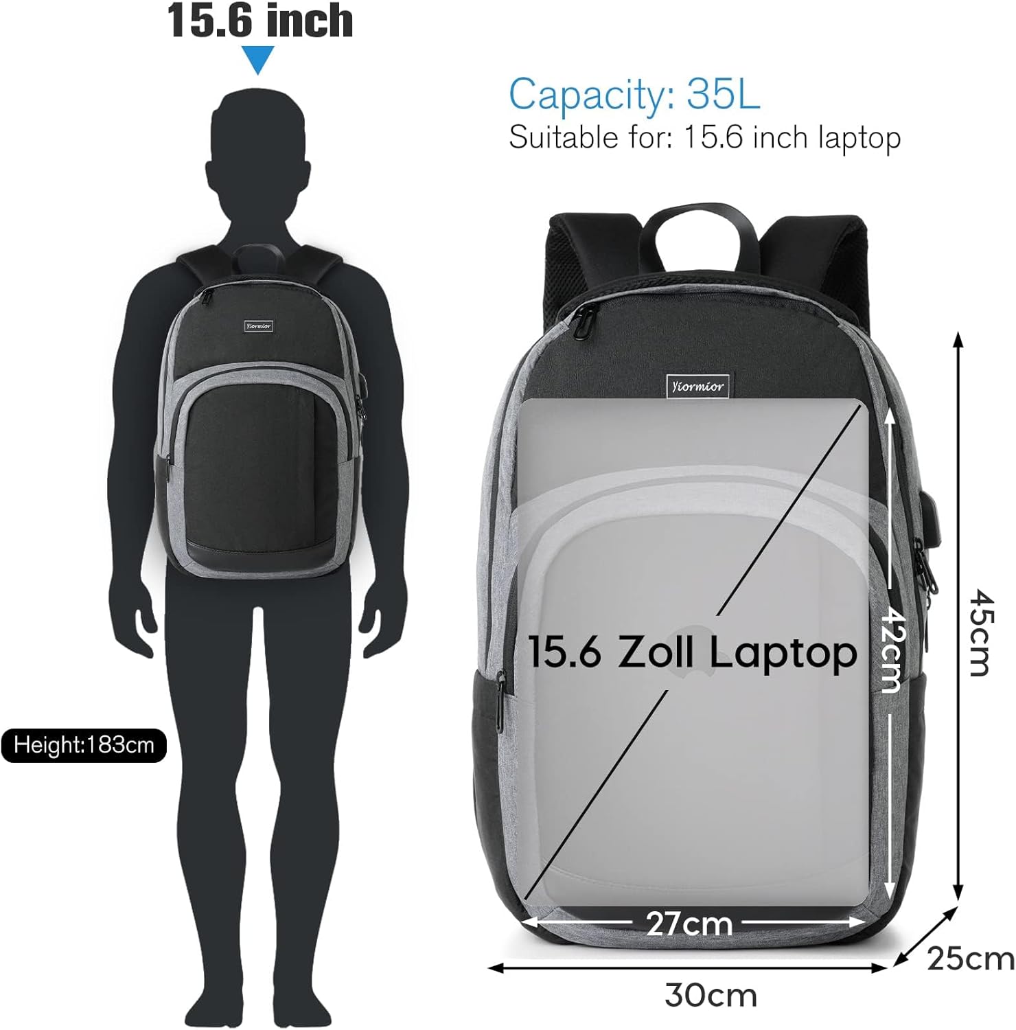 Mochila para laptop de viaje, mochila escolar para mayores de 3 años, Negro Gris, Classic