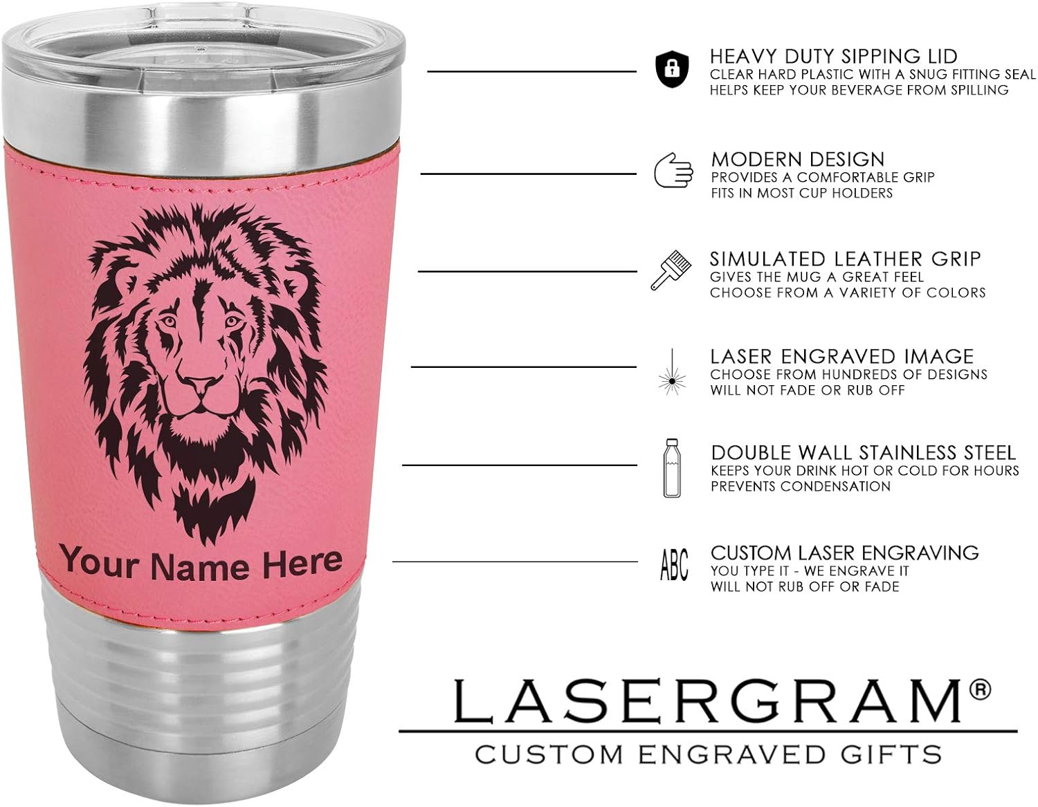 LaserGram Vaso aislado al vacío de 20 onzas, motocicleta, grabado personalizado incluido (piel sintética, rosa)
