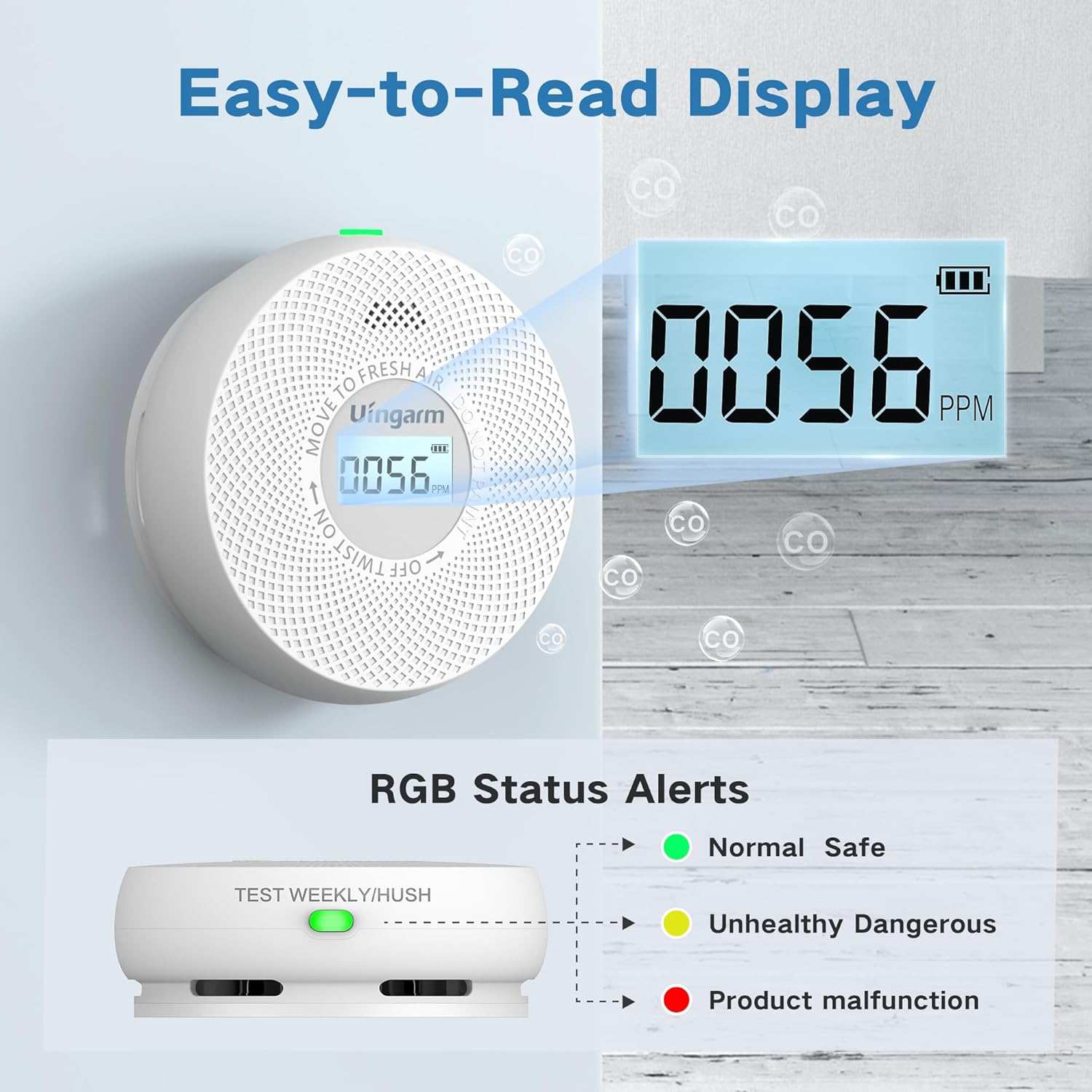 Uingarm Detector de humo y monóxido de carbono interconectado inalámbrico, alarma de incendio y CO alimentada por batería de 10 años, detector de
