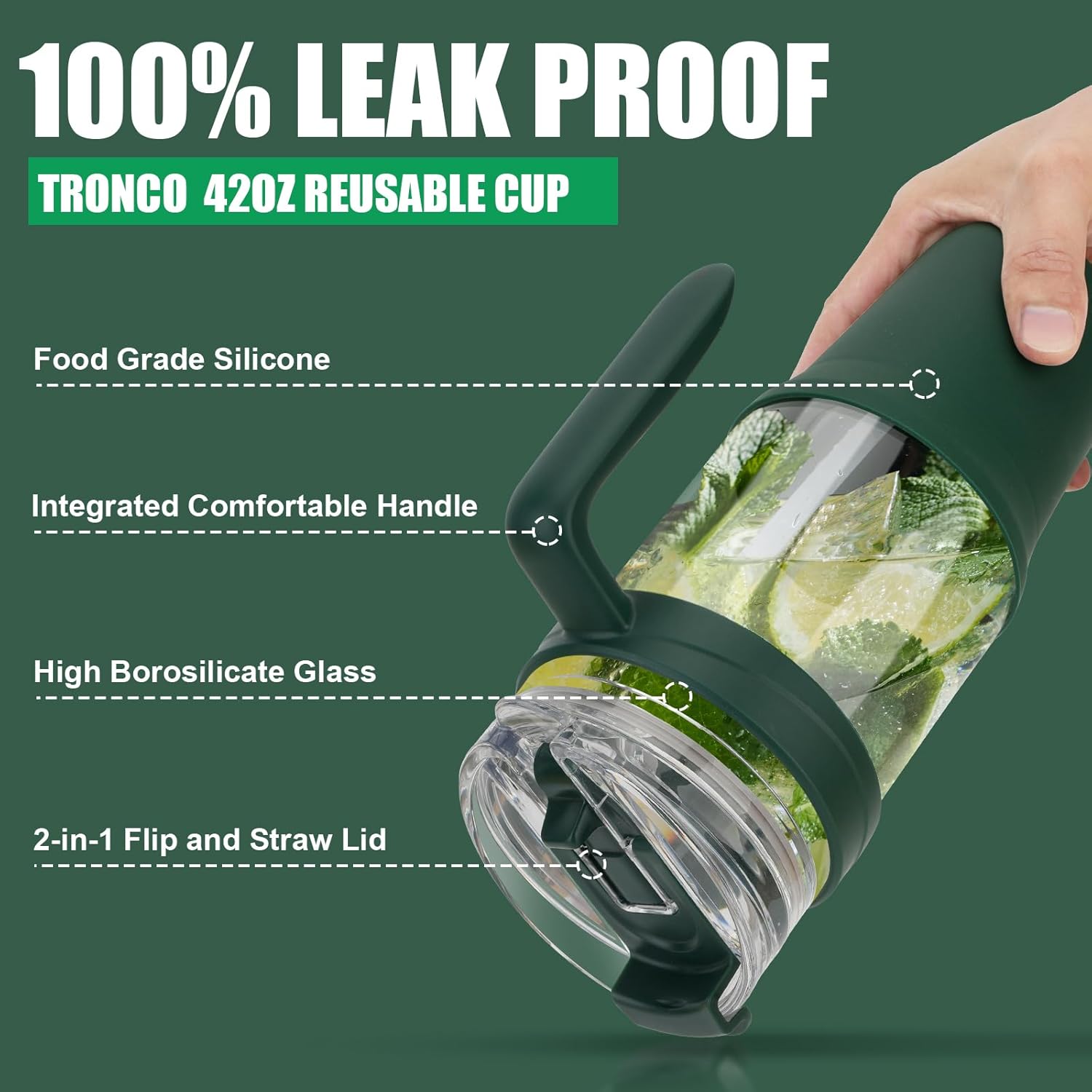 Tronco Vaso de vidrio de 40 onzas con asa, popote abatible a prueba de fugas, vaso de vidrio reutilizable con popote y tapa, taza de café helado con