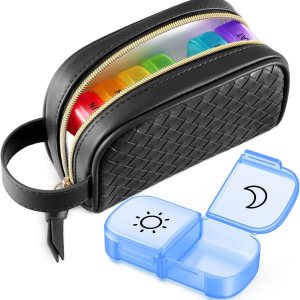 Organizador semanal de pastillas 2 veces al día con una bolsa tejida, pastillero portátil de 7 días AM PM con apertura del mismo lado para acceso Organizador semanal de pastillas 2 veces al día con una bolsa tejida, pastillero portátil de 7 días AM PM con apertura del mismo lado para acceso