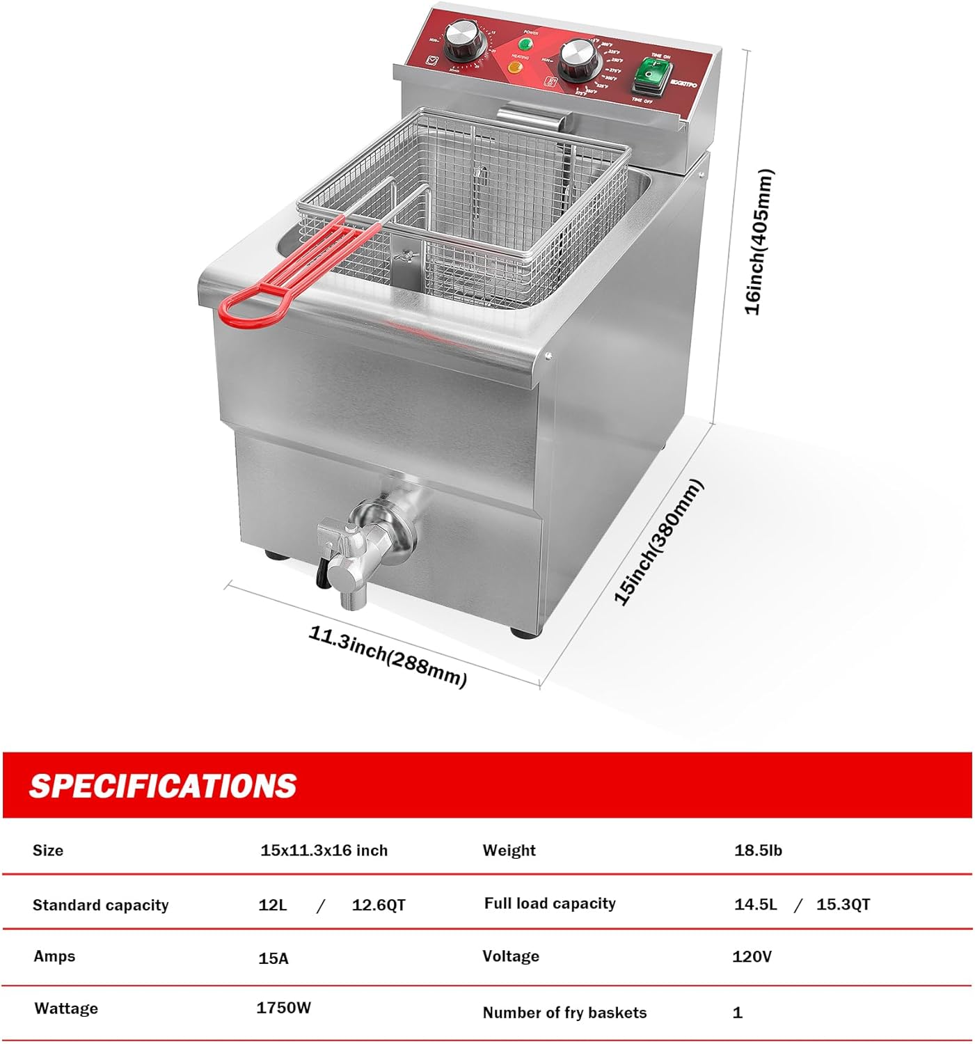 Freidora eléctrica grande de 12 litros con drenaje de aceite y temporizador, freidora profunda con cesta y tapa, freidora de encimera de acero