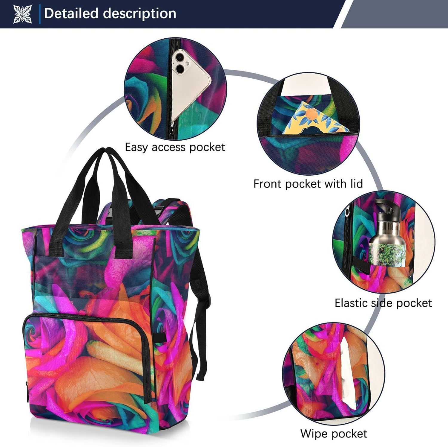 Mochila para pañales con diseño de rosas y flores arcoíris, bolsa de bebé grande, mochila de viaje multifuncional, bolsa de pañales de maternidad