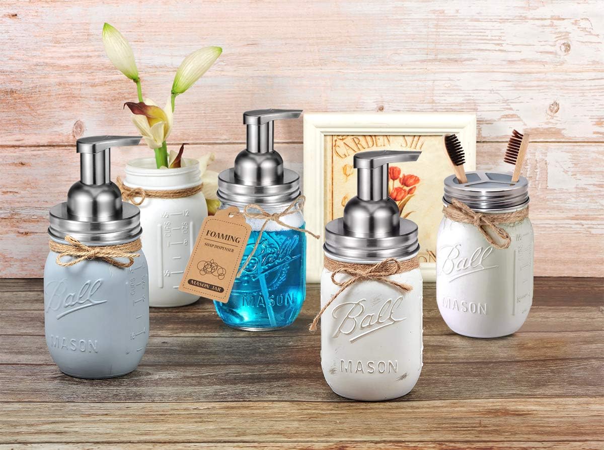 Juego de accesorios de baño Mason Jar (4 piezas)  Tarros no incluidos  Dispensador de jabón espumoso, soporte para cepillos de dientes y tapas de
