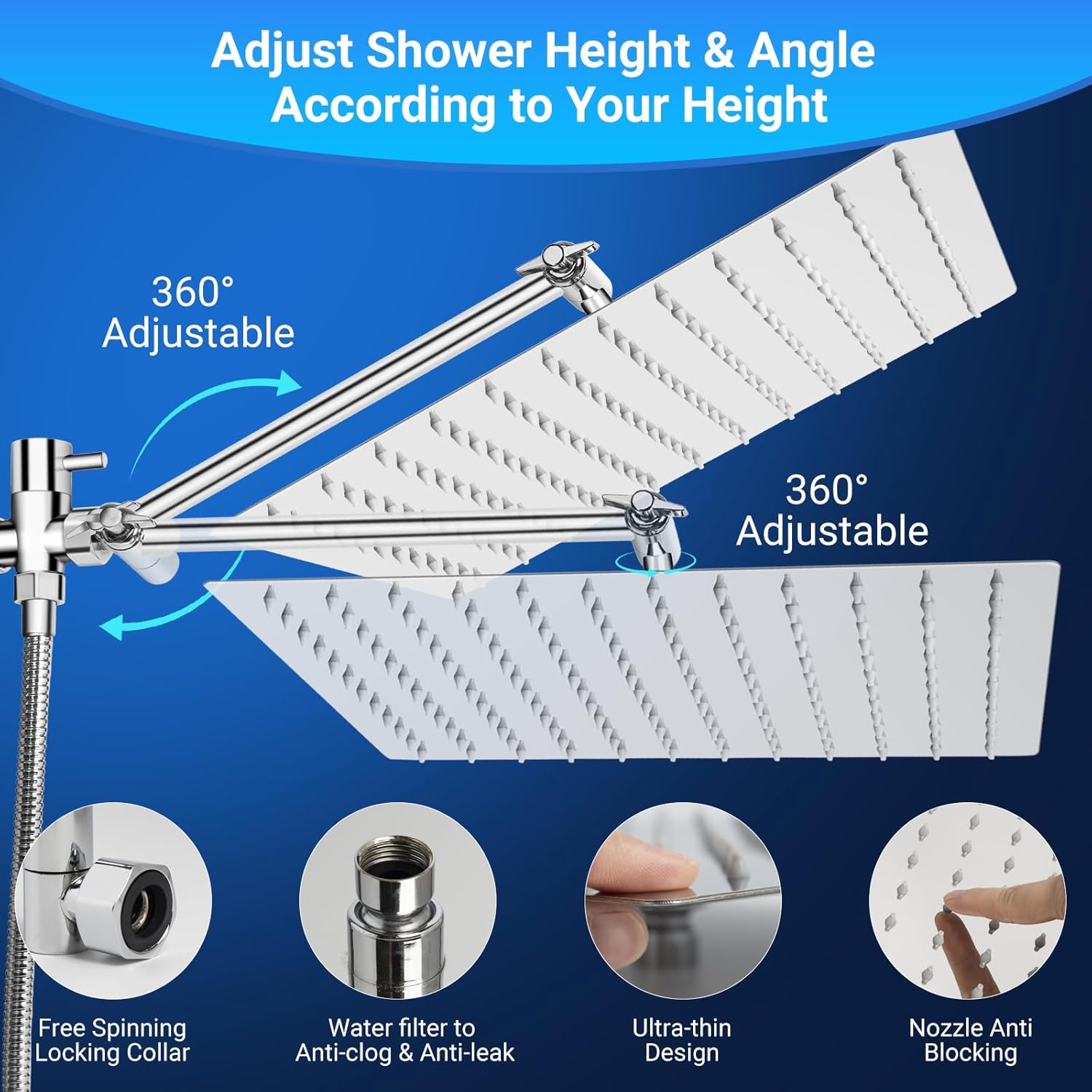 Cabezal de ducha de lluvia de 10 pulgadas con rociador de mano, cabezal de ducha de lluvia con brazo de extensión ajustable de 11 pulgadas, 5